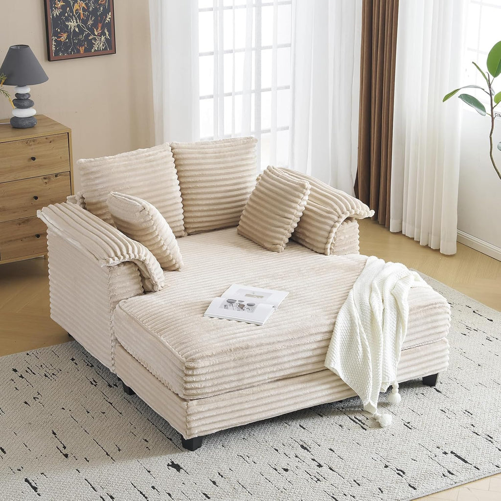 VINGLI 56' Oversized Chaise Lounge Chair, Beige Comfy Corduroy Chaise Sofa Recliner Bed Upholstered Sleeper Couch Bed with Throw Pillows and Armrests for Living Room, Movie Room, Bedroom