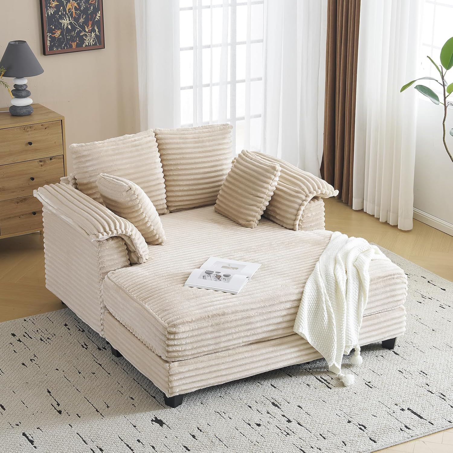VINGLI 56' Oversized Chaise Lounge Chair, Beige Comfy Corduroy Chaise Sofa Recliner Bed Upholstered Sleeper Couch Bed with Throw Pillows and Armrests for Living Room, Movie Room, Bedroom