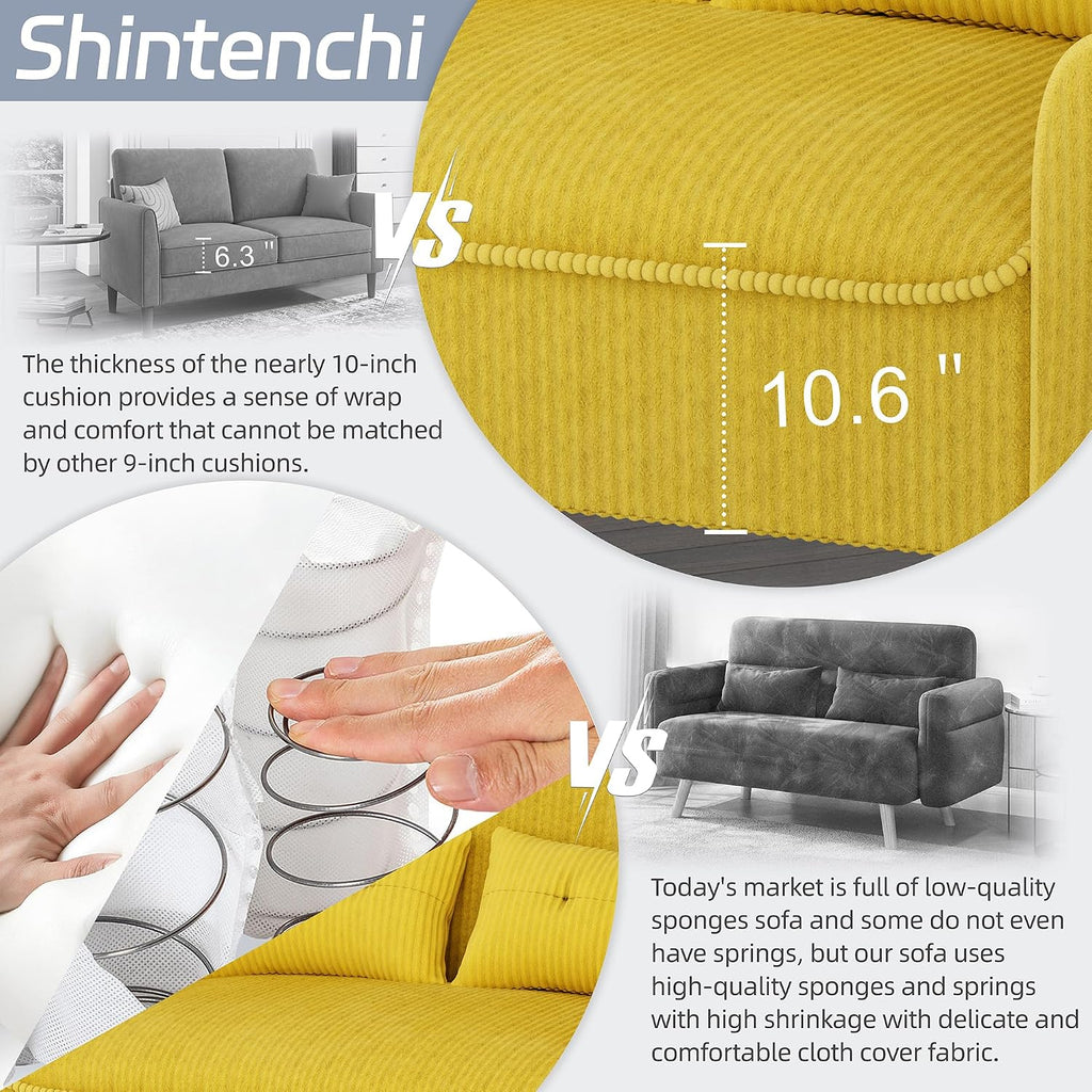 Shintenchi 48'' Loveseat Sofa, Mid-Century Modern Upholstered Couch Deep Seat with 2 Pillows, 10' Thick Cushion with Spring, Solid Wood Frame Small Couch for Living Room, Dorms & Office, Yellow