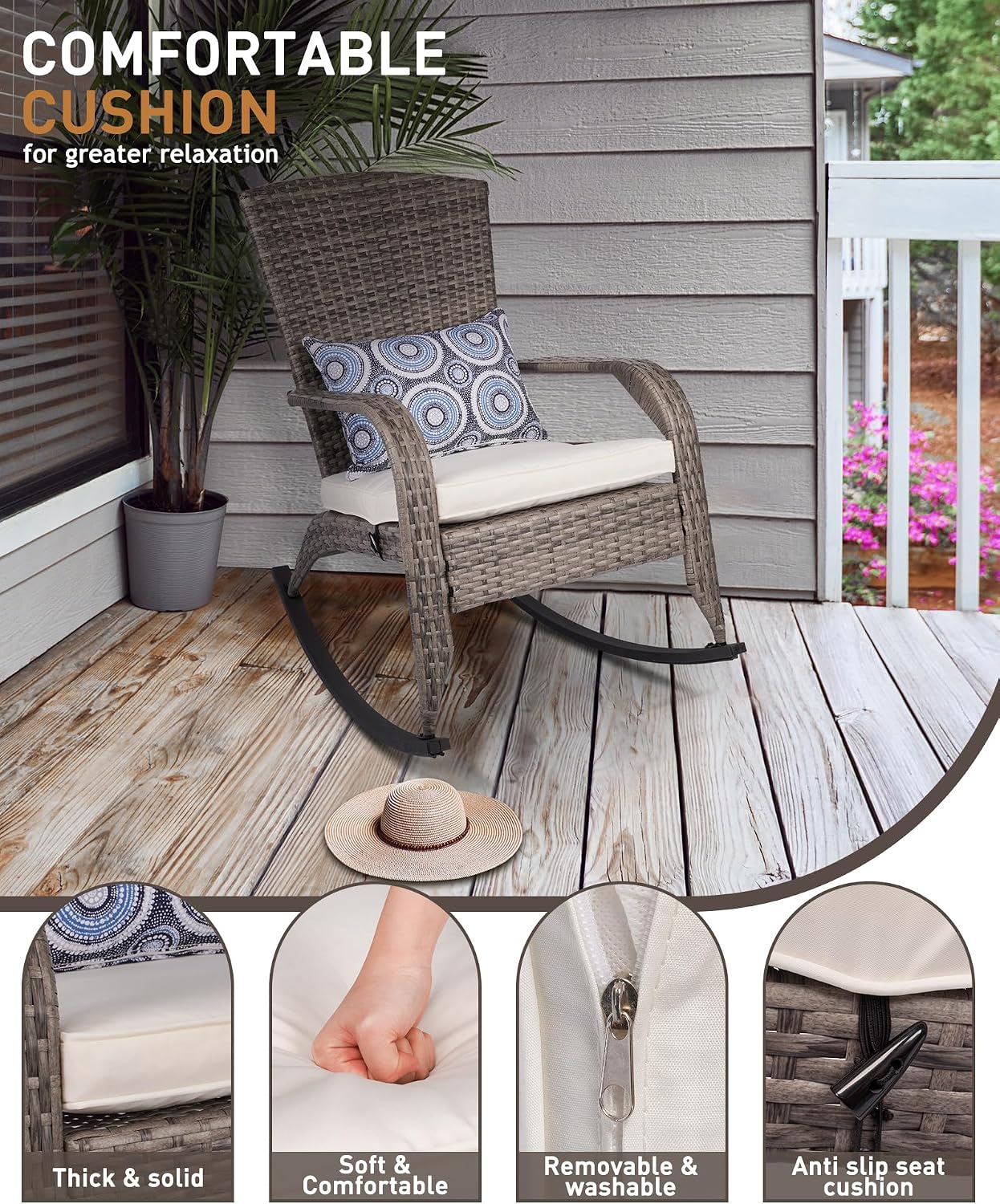 Outdoor Rocking Chairs Set of 2, Patio Rattan Rocker Chairs with Cushions & Steel Frame, All Weather Porch Rocking Chairs for Garden, Backyard, Poolside (Grey Rattan & Beige Cushion, 320lbs)