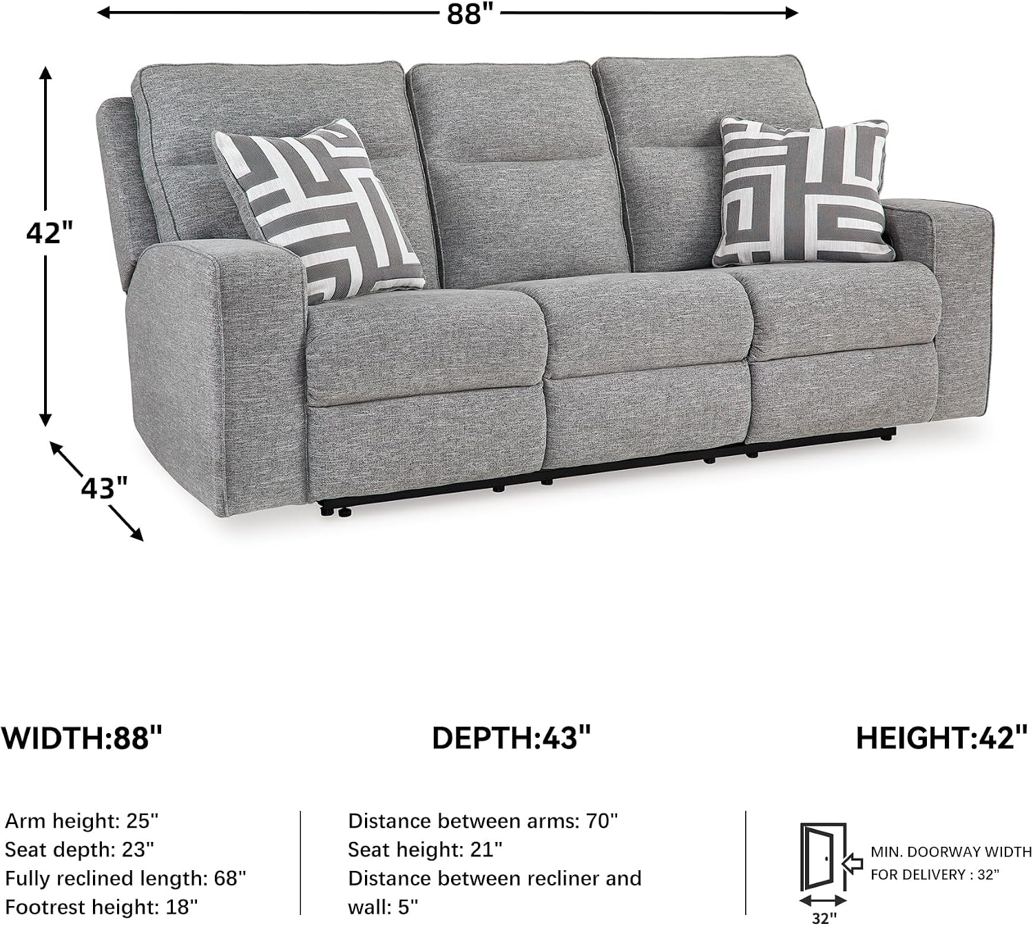 Signature Design by Ashley Biscoe Power Reclining Sofa, Easy View Headrest & Zero-Gravity Recline, Next-Gen Nuvella Polyester, Extended Ottoman, 88' Living Room Seating