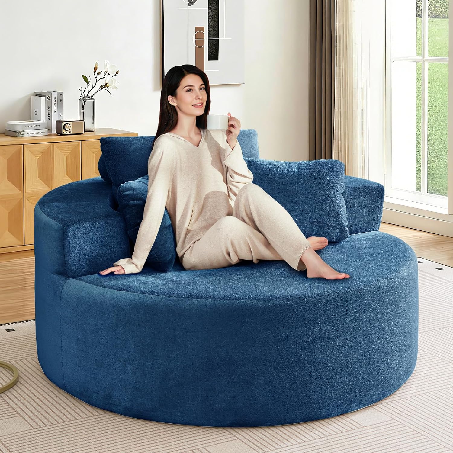 Antetek Oversized Round Chaise Longue Chair Indoor, Modern 55-inch Upholstered Terry Fabric Deep Seat Circle Single Cloud Lounge Floor Accent Chair for Living Room, Bedroom Apartment, Blue