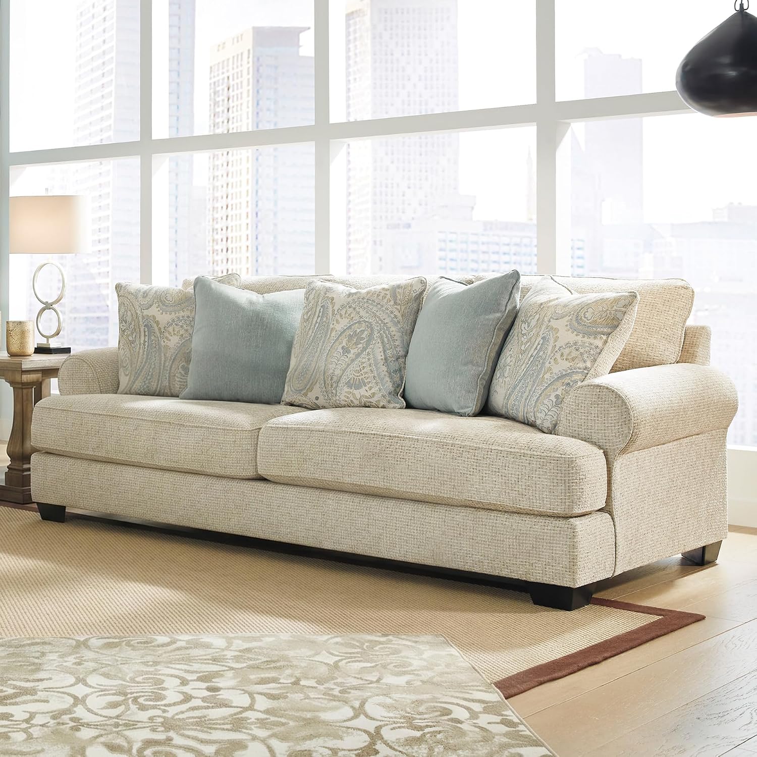 Signature Design by Ashley Monaghan Vintage Sofa with Accent Pillows, Reversible Cushions and Rolled Arms, Beige