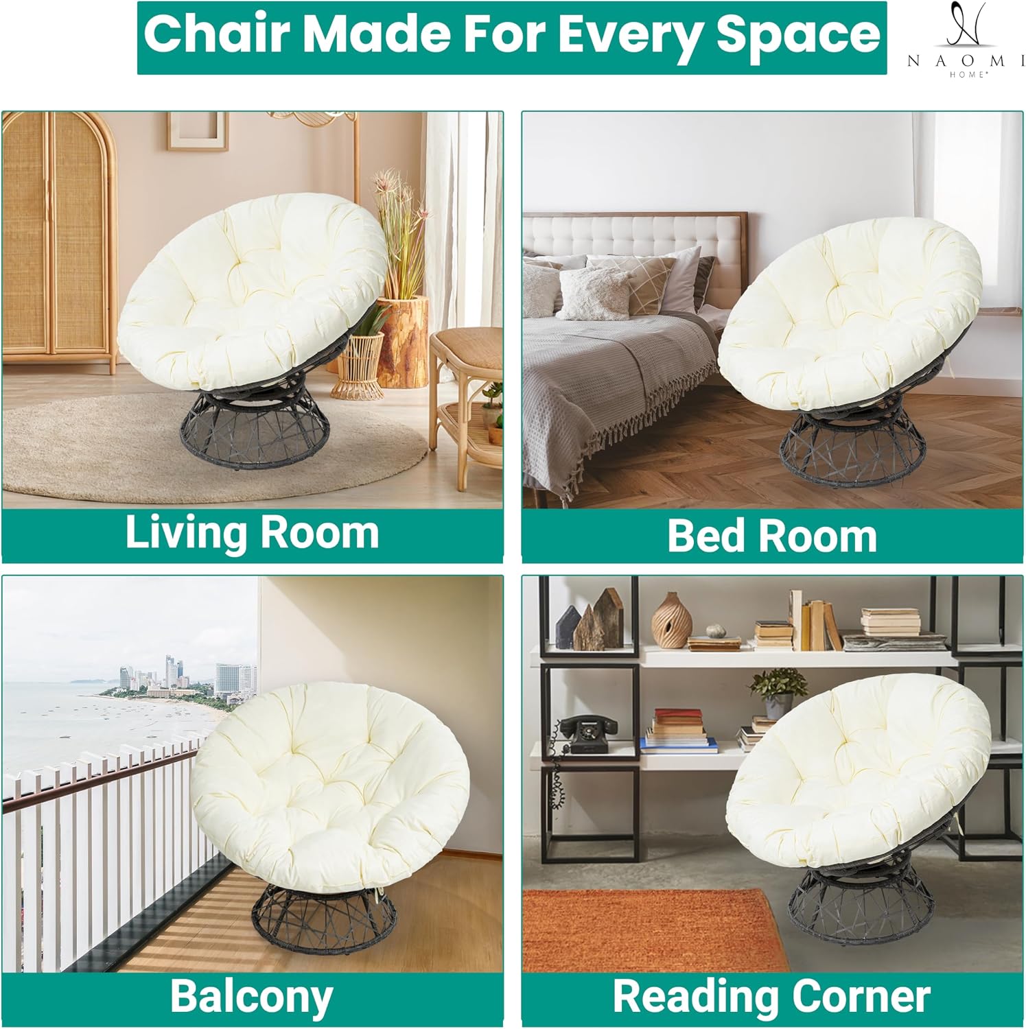 Naomi Home 40' Papasan Chair Indoor with Cushion and Frame – Round Wicker Papasan Chair with Thick Tufted Cushion, Sturdy Metal Base, Large Reading Chair for Bedroom & Living Room, Cream