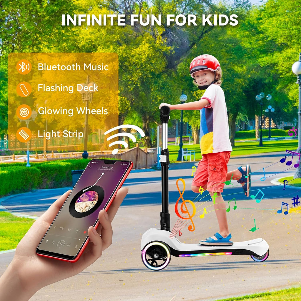 24V Electric Scooter for Kids w/150W Powerful Motor, Thumb Throttle, LCD Screen, Bluetooth, Light-Up Stem Deck & Wheels, 3 Adjustable Heights, 5MPH Safe Speed, 3 Wheel Electric Scooter for Kids