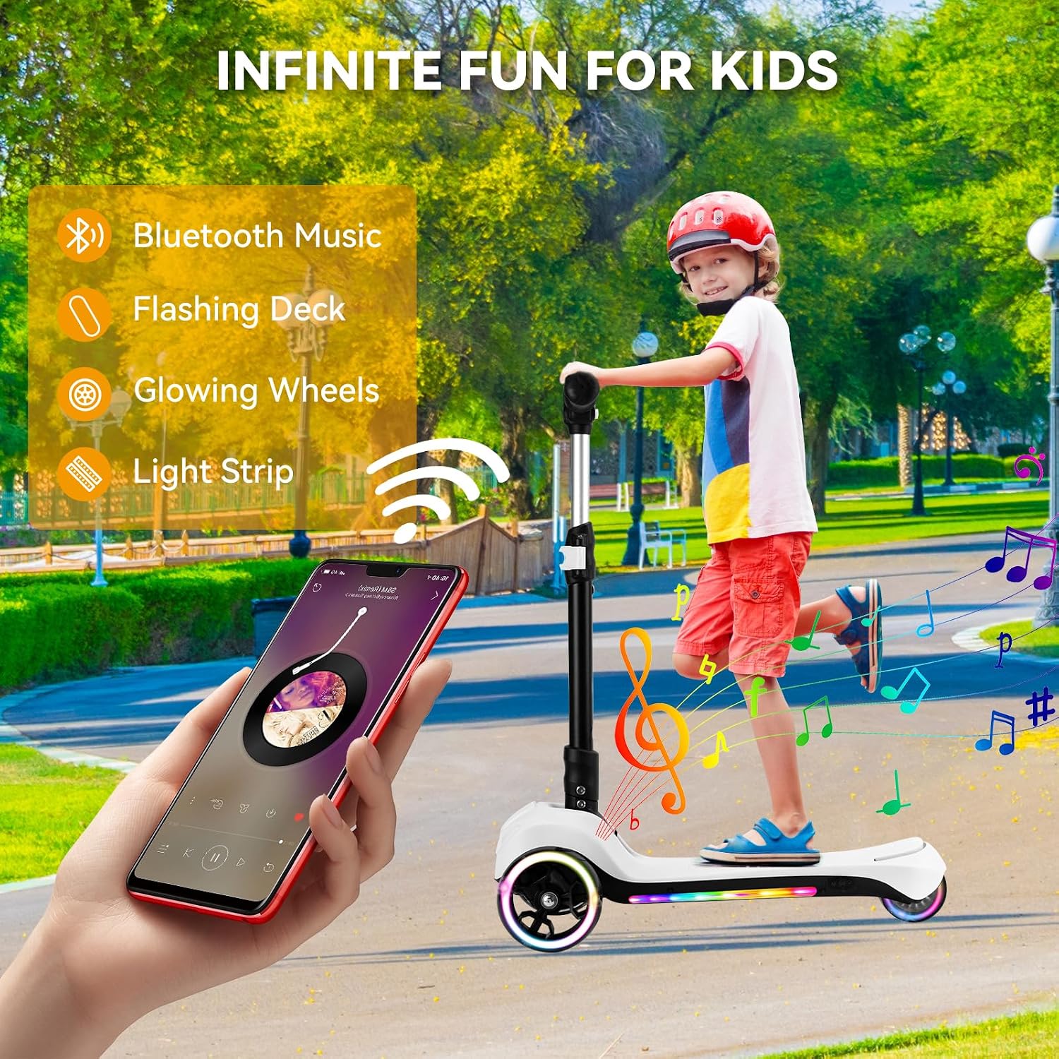 24V Electric Scooter for Kids w/150W Powerful Motor, Thumb Throttle, LCD Screen, Bluetooth, Light-Up Stem Deck & Wheels, 3 Adjustable Heights, 5MPH Safe Speed, 3 Wheel Electric Scooter for Kids