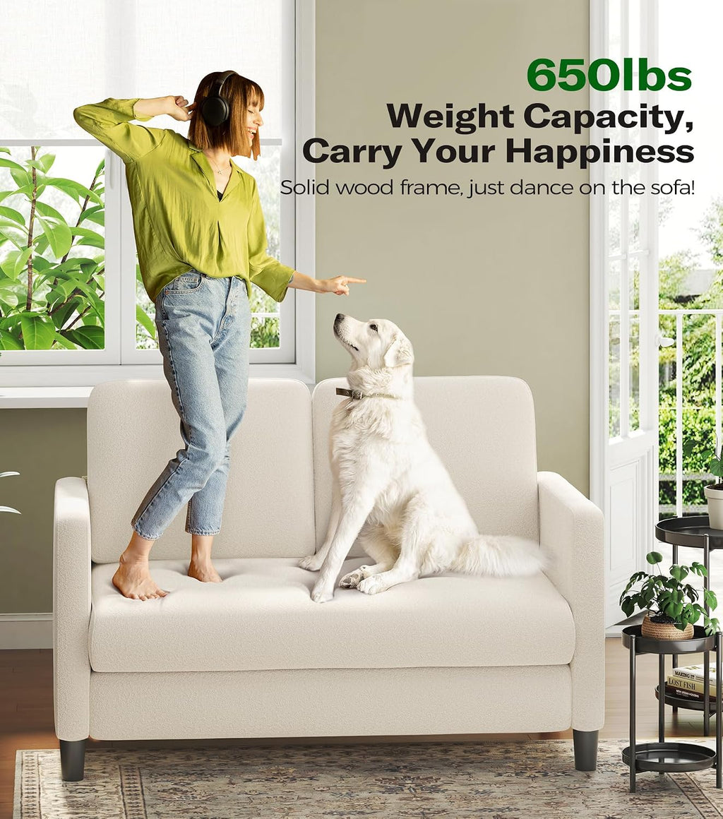 Welzona Loveseat, 51' Small Couch, Comfy Teddy Love Seat for Living Room, Tool-Free Setup Loveseat Sofa for Small Spaces, All-Wood Small Sofa Couch for Bedroom, Cream White