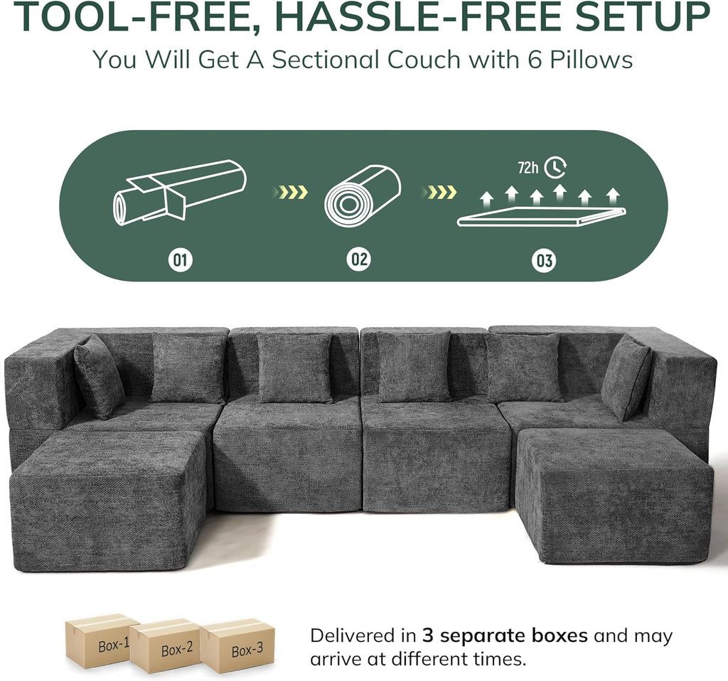 MONVANE Modular Sectional Cloud Couch for Living Room - 130'' 6 Seater Convertible Chenille Couches Set with Ottoman, No Assembly Compression Sofas, Comfy Floor Sofa with Memory Foam, Grey