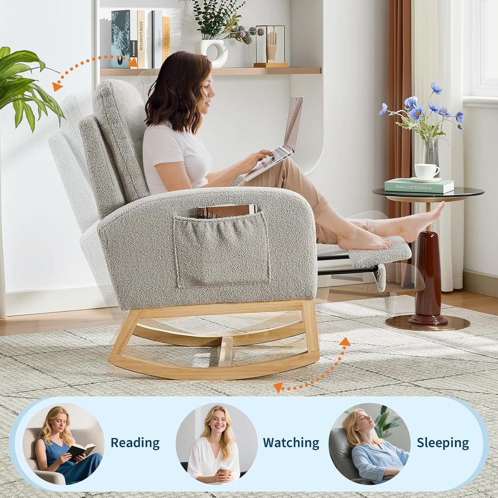 Nursery Rocking Chair with Foot Rest,Modern PU Upholstered Reading Glider Chair,High Backrest & Side Pocket for Living Room, Bedroom, Baby Room