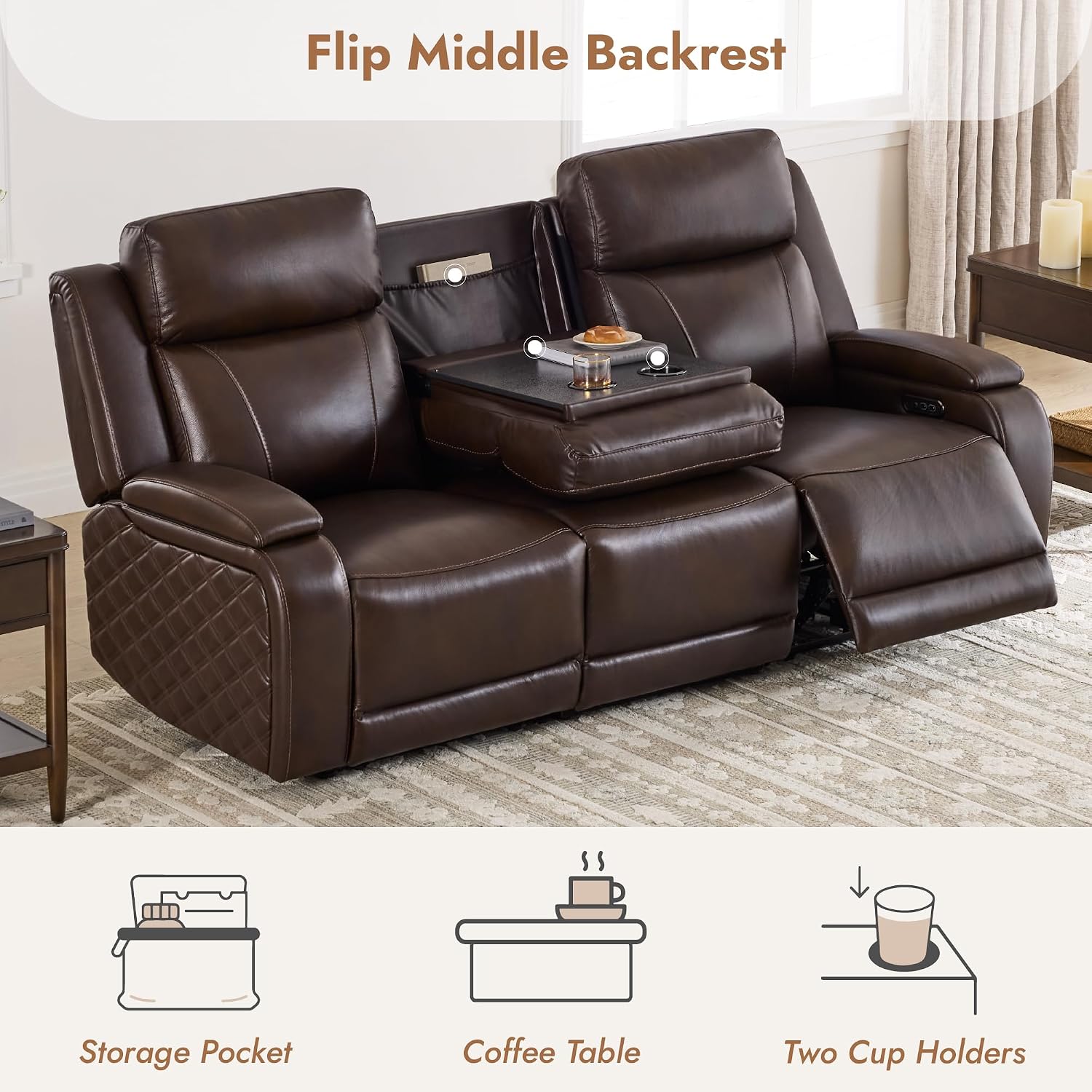 Watson & Whitely Genuine Leather Power Recliner Sofa, 3 Seater Zero Gravity Reclining Couch with Power Headrest & Flip Middle Backrest Table, Hidden Storage, Cup Holders for Living Room, Dark Brown