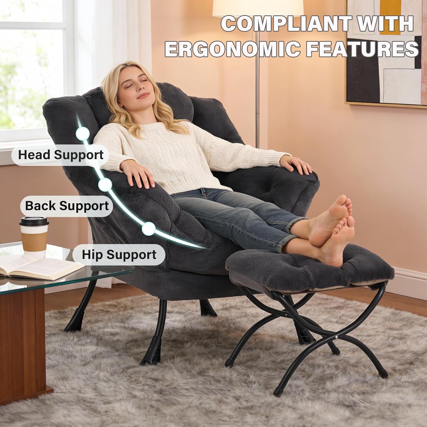 MBOOYOME Lazy Chair with Folding Ottoman, Modern Accent Lounge Armchair with Armrests and a Side Pocket & Foldable Footstool, Leisure Reading Chair for Living Room, Bedroom, Dorm & Office, Plush Navy