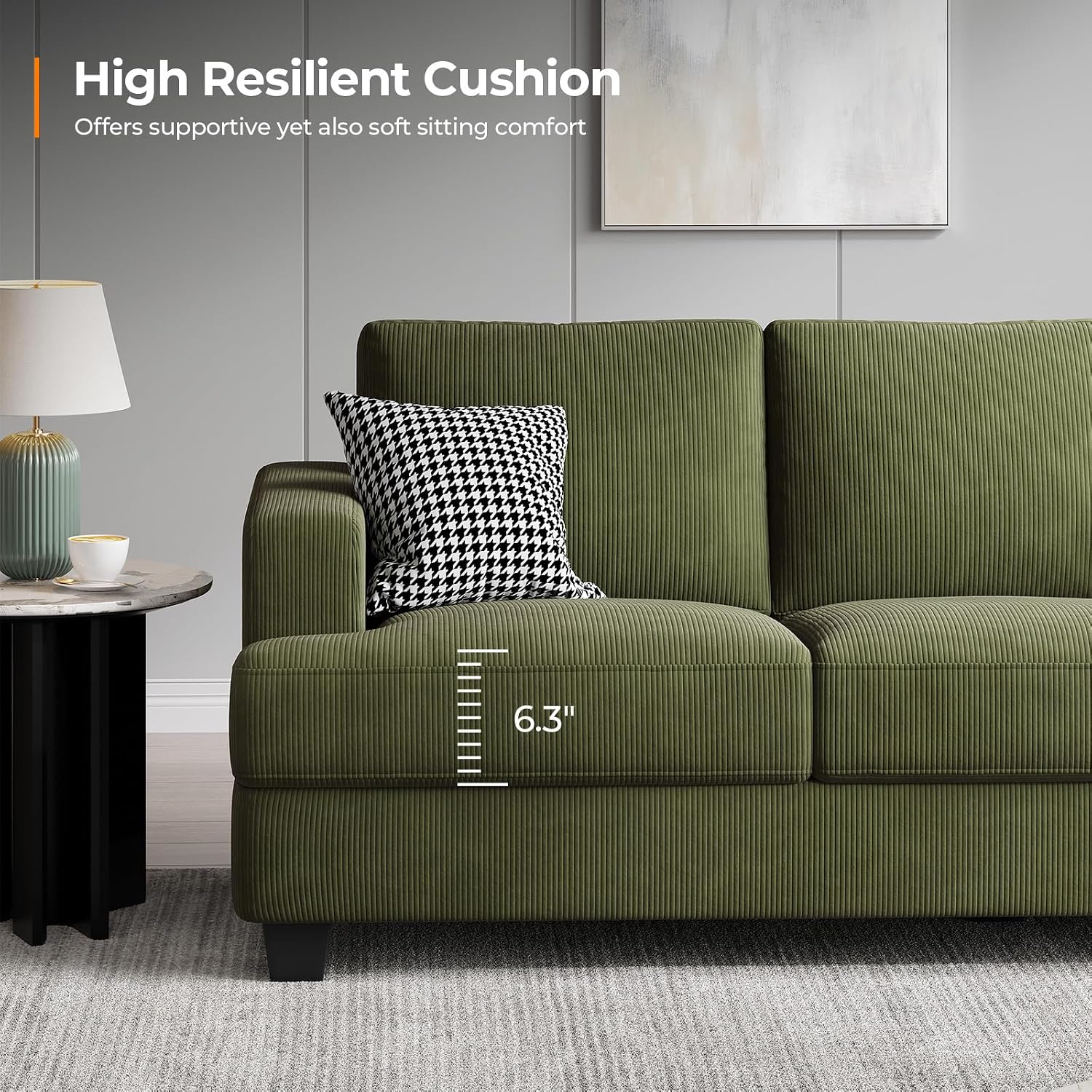 COPIAE 89 Inch Sofa with Extra Deep Seats Oversize, 3 Seater Sofa for Living Room, Modern Couch and Sofa, Comfy Armrests and Seats and Backrests, Easy Installation, Corduroy Fabric Green