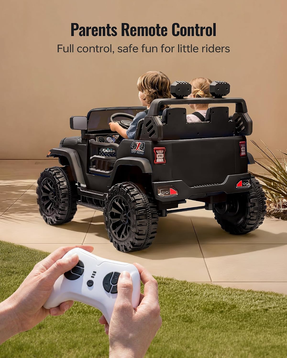 Outfunny 2 Seater Ride on Car Toy, 24V 4WD Electric Car for Kids 4-8 with Remote Control, 4x200W Motors, Capacity 150 lb - Black