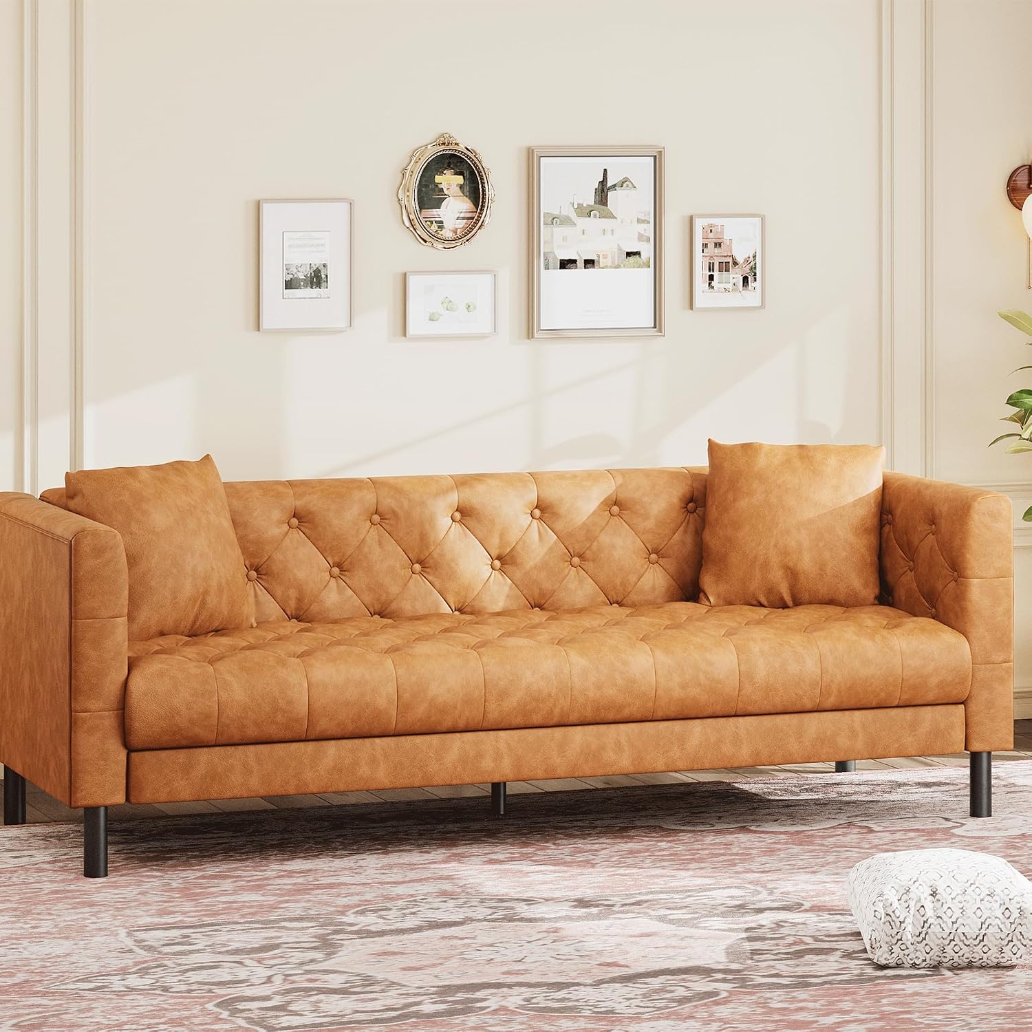 Garvee 81 Inch Leather Couch for Living Room, Modern Leather Sofa with Deep Seat, Handmade Button Tufted Sofa, Chesterfield 3 Seat Couch for Apartment, Office, Cognac Tan