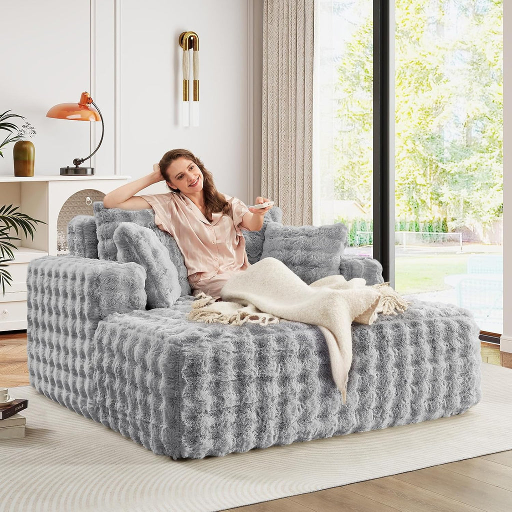 JEEOHEY 56'W Oversized Chaise Lounge Chair Indoor,Plush Faux Fur Sleeper Couch Sofa Bed with Pillows,Fluffy Comfy Cloud Sofa,Compression Foam Boneless Couch for Living Room,Bedroom(Bubble, Light Grey)