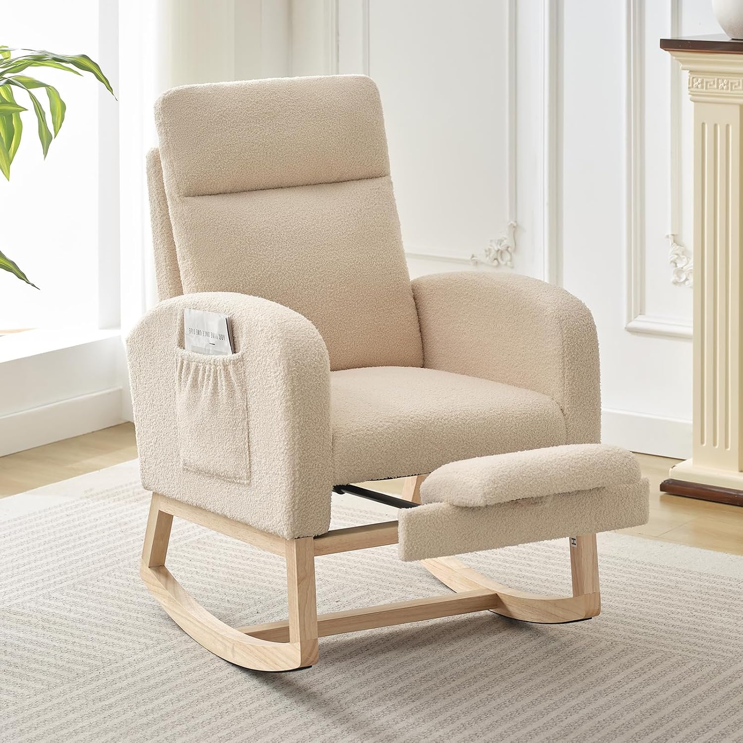 Nursery Rocking Chair with Foot Rest,Modern PU Upholstered Reading Glider Chair,High Backrest & Side Pocket for Living Room, Bedroom, Baby Room