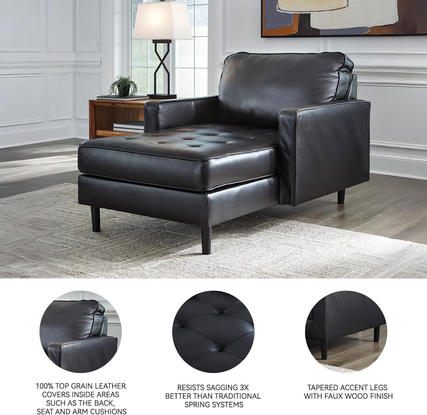 Signature Design by Ashley Bryceview Modern Tufted Leather Match Chaise with Loose Seat Cushion, Black