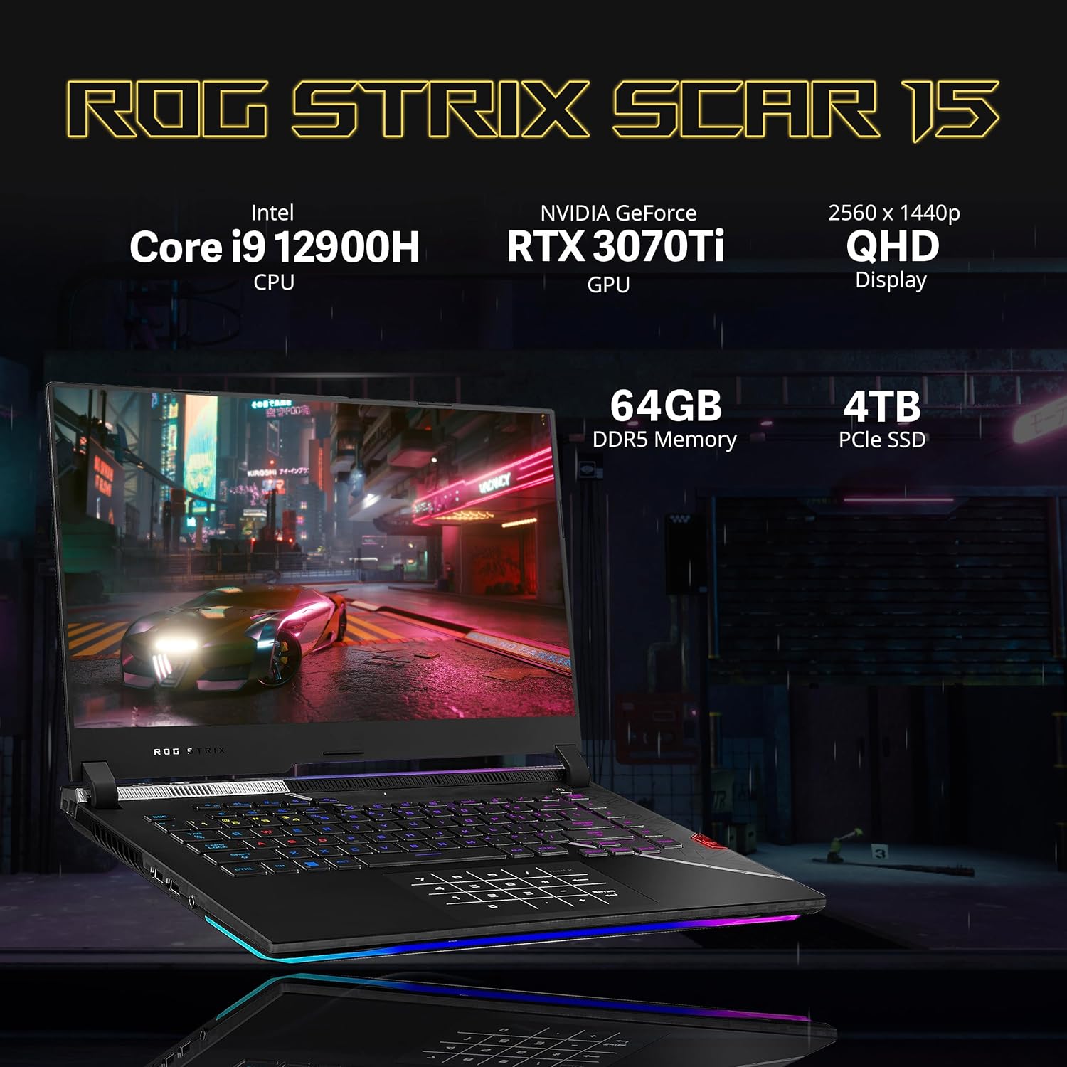 ASUS ROG Strix Scar 15.6' 240Hz QHD Gaming Laptop, Intel i9 12900H, 64GB DDR5 RAM, 4TB SSD, RGB Keyboard, NVIDIA GeForce RTX 3070 Ti, WiFi 6, Win 11 Pro, Black, 128GB Docking Station Set