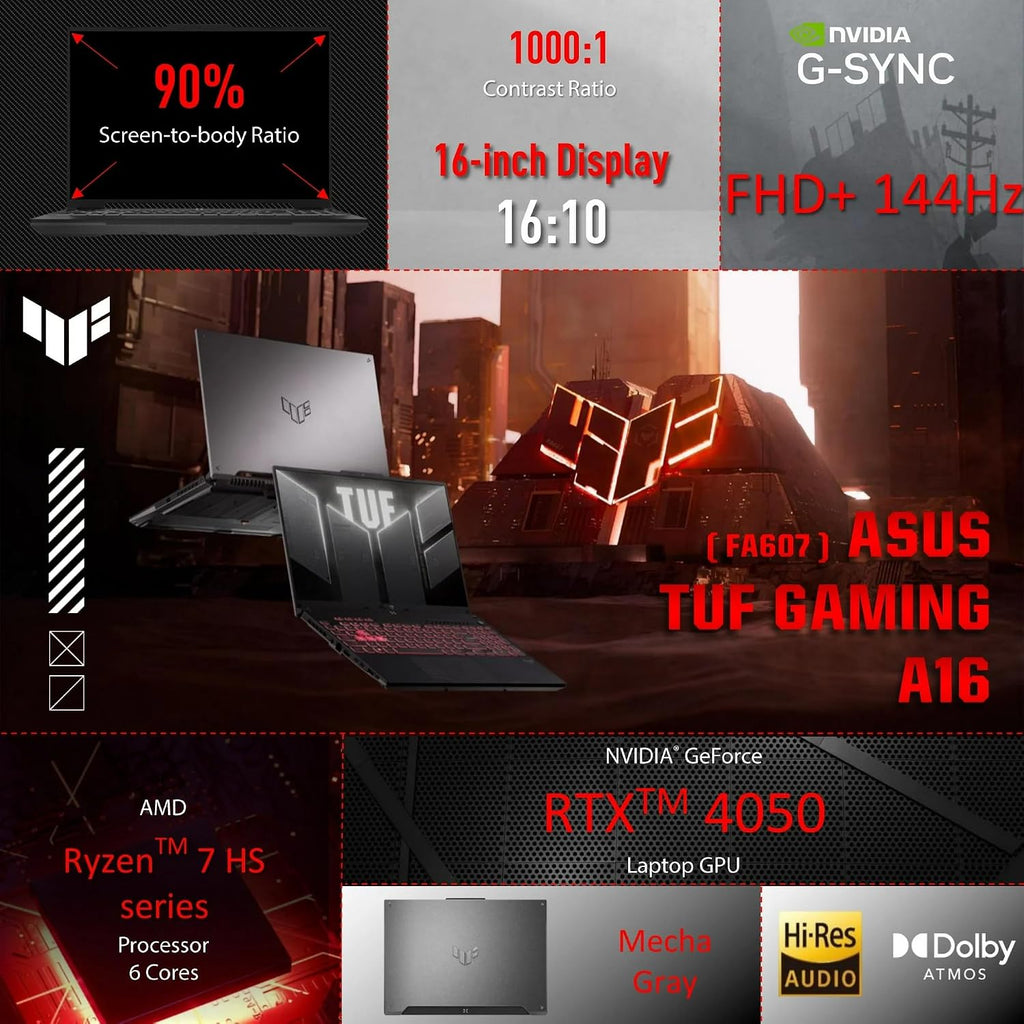 ASUS TUF Gaming A16 Gaming Laptop, 16' WUXGA 144Hz 16:10 Display, AMD Ryzen 7 7445HS(>Intel i7-13700), NVIDIA RTX 4050, Backlit KB, AI Noise-Cancellation, Win11 PRO, W/128GB PSD(64GB|4TB SSD)