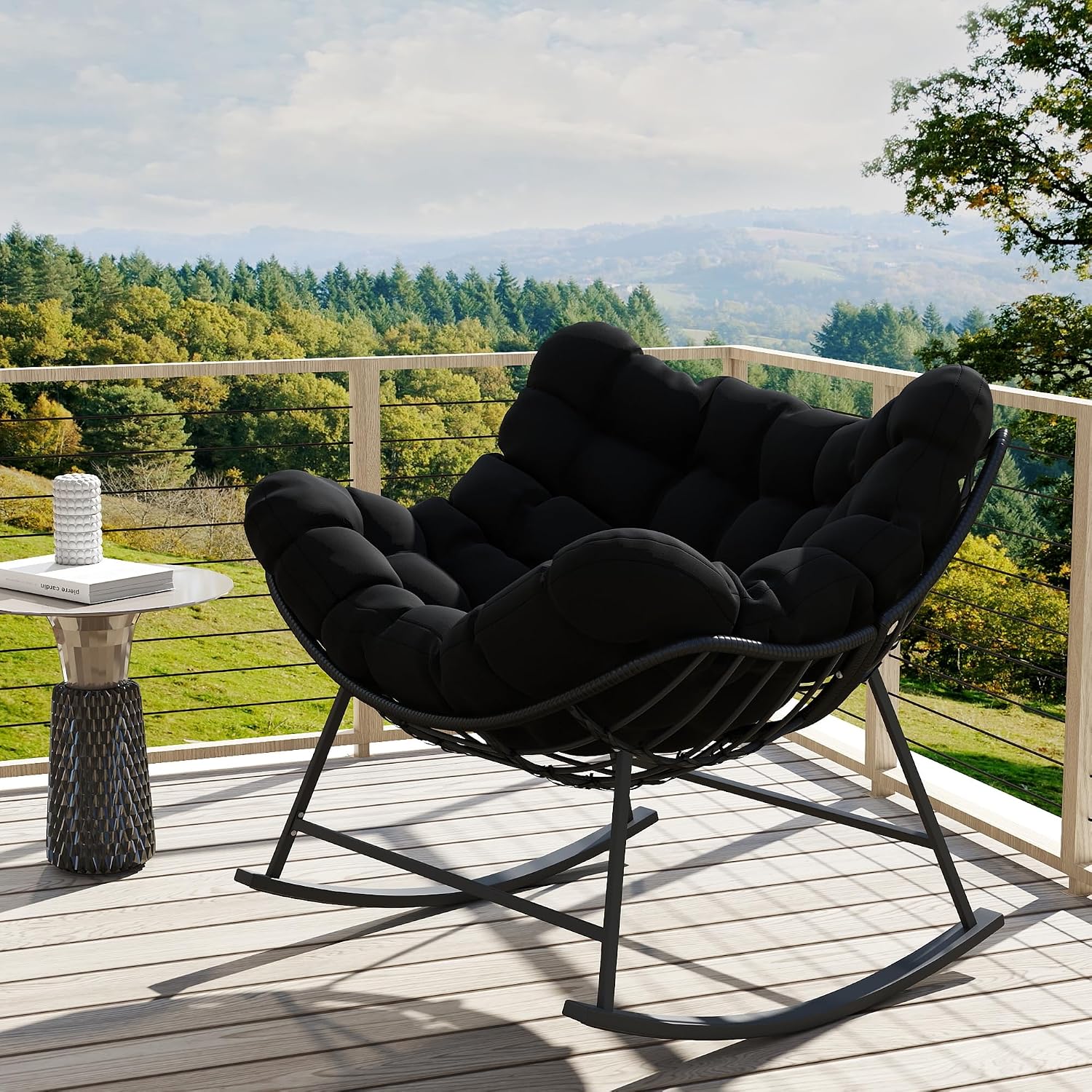Oversized Wicker Papasan Rocking Chair, Indoor Outdoor Egg Chair Rocker, Comfy Patio Recliner with Modern Egg Style, Black