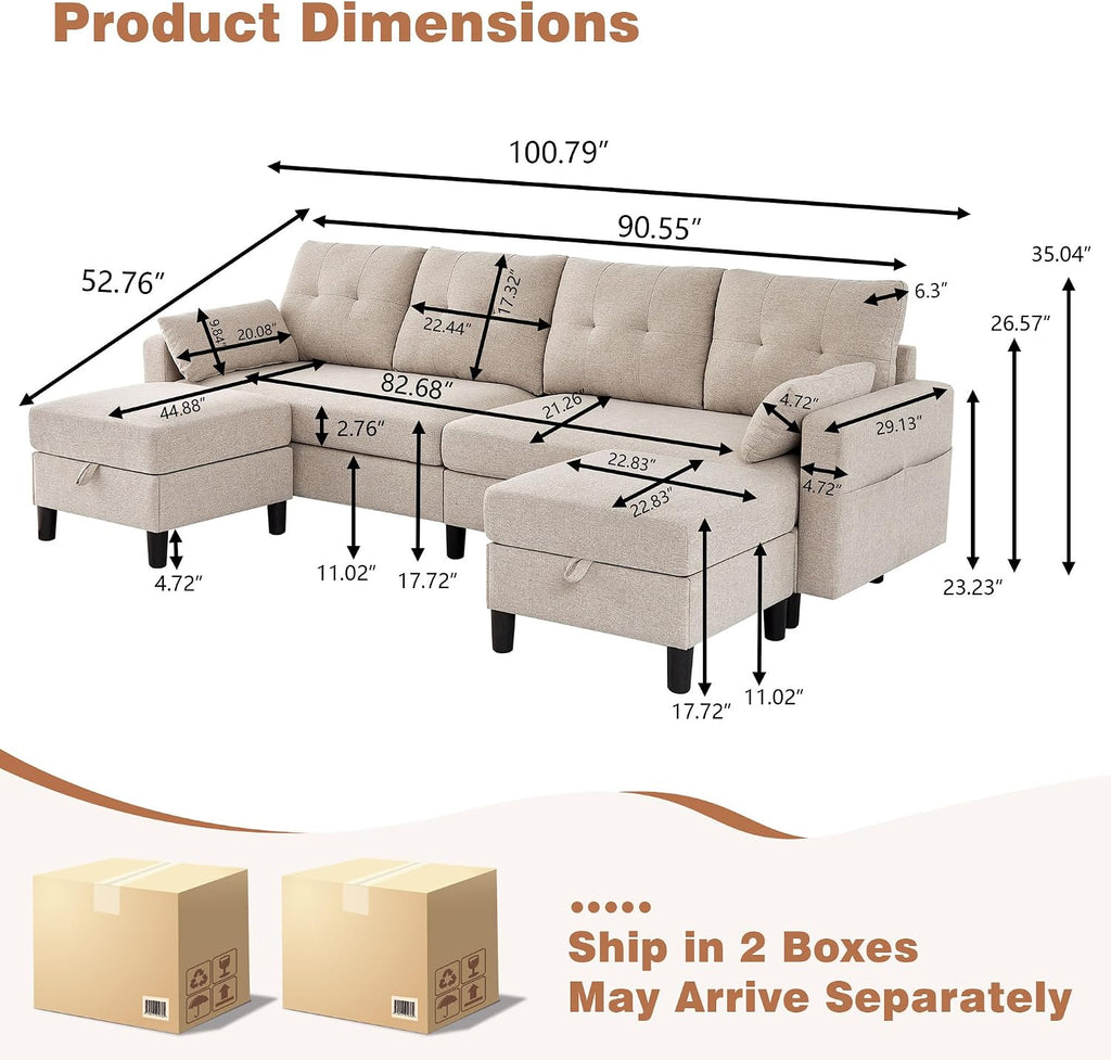 Sectional Sofa with Storage Seats, 4 Seater U Shaped Couch with 2 Movable Ottoman Chaises for Living Room, Polyester Cover & Soft Cushions, 101' Combination Sectional Couch, Beige