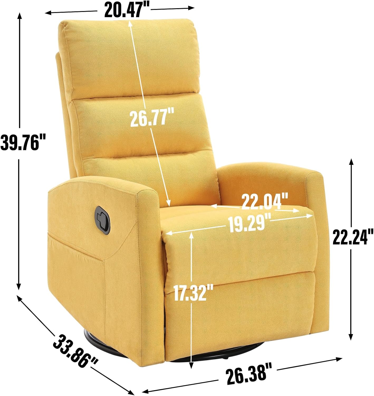 PELUMY Manual Recliner Chair, 360° Swivel Glider and Rocker Recliner with 155° Recline, Compact Fabric Recliner for Small Space, Nursery, Living Room, Bedroom, No Tools Assembly (Yellow)