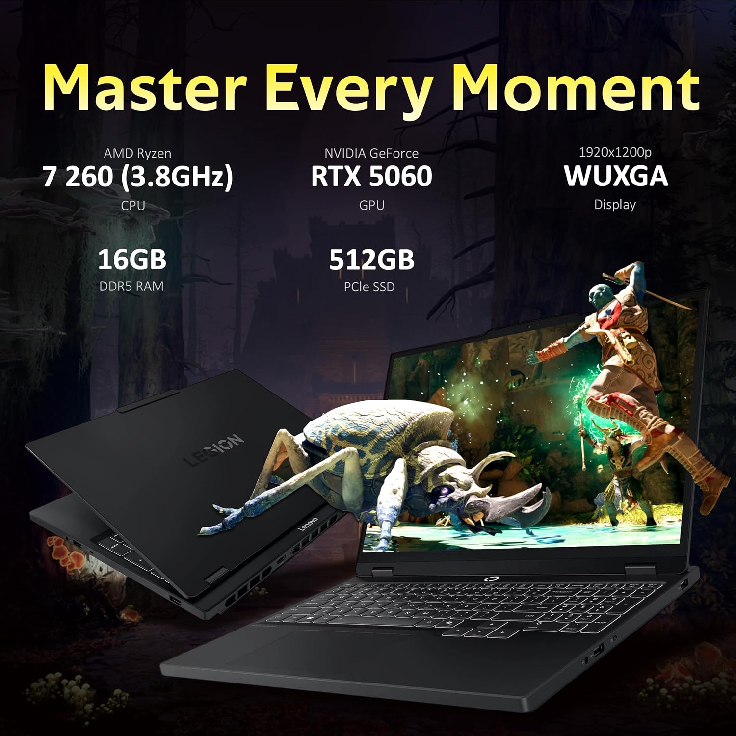 Lenovo Legion 5 15.3' WUXGA 165Hz Gaming Laptop, AMD Ryzen 7 260, GeForce RTX 5060, 16GB DDR5, 1.5TB Storage (512GB SSD+1TB Docking Station Set), Backlit Keyboard, HD Camera, Wi-Fi 6, Win 11, Black