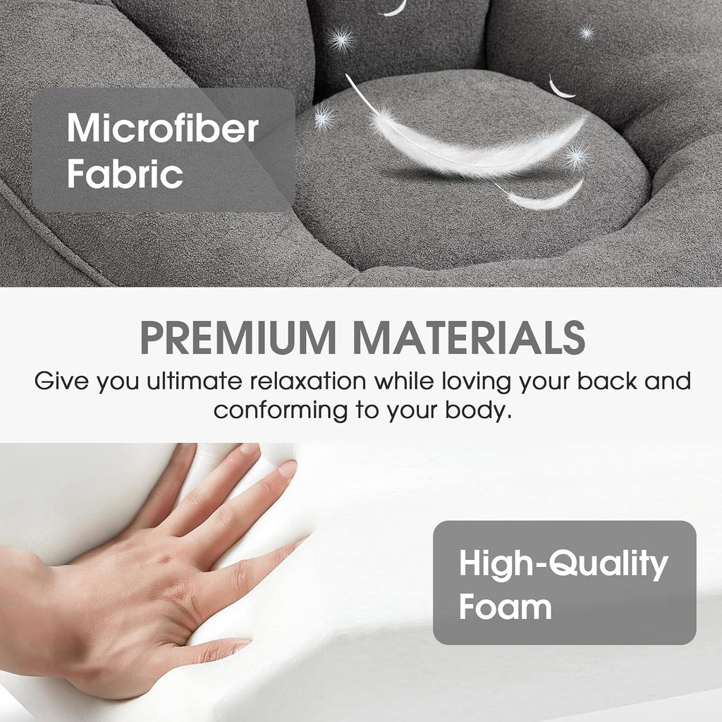 Bean Bag Chair for Adult, Microfiber Upholstered Bean Bag Sofa with Petal Back, Shell-Shaped Beanbag Chair with Footstool, Memory Foam Stuffed Lazy Sofa for Living Room, Bedroom (Grey)
