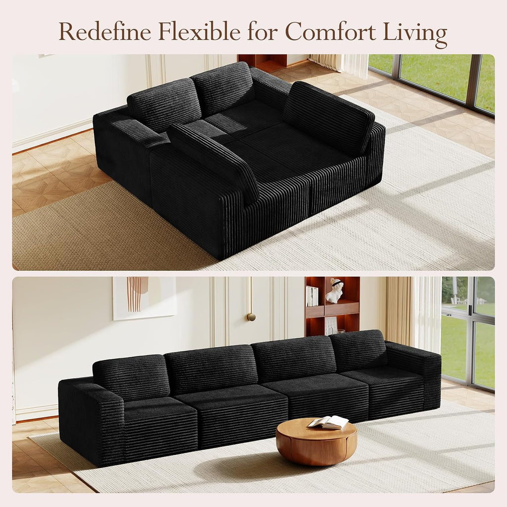 Vesgantti 159' Modular Sectional Sofa, Corduroy Cloud Couch with Extra Deep Seats & Spring Support, Flexible Layout 4-Seater Boneless Couch, No Assembly Required, Black