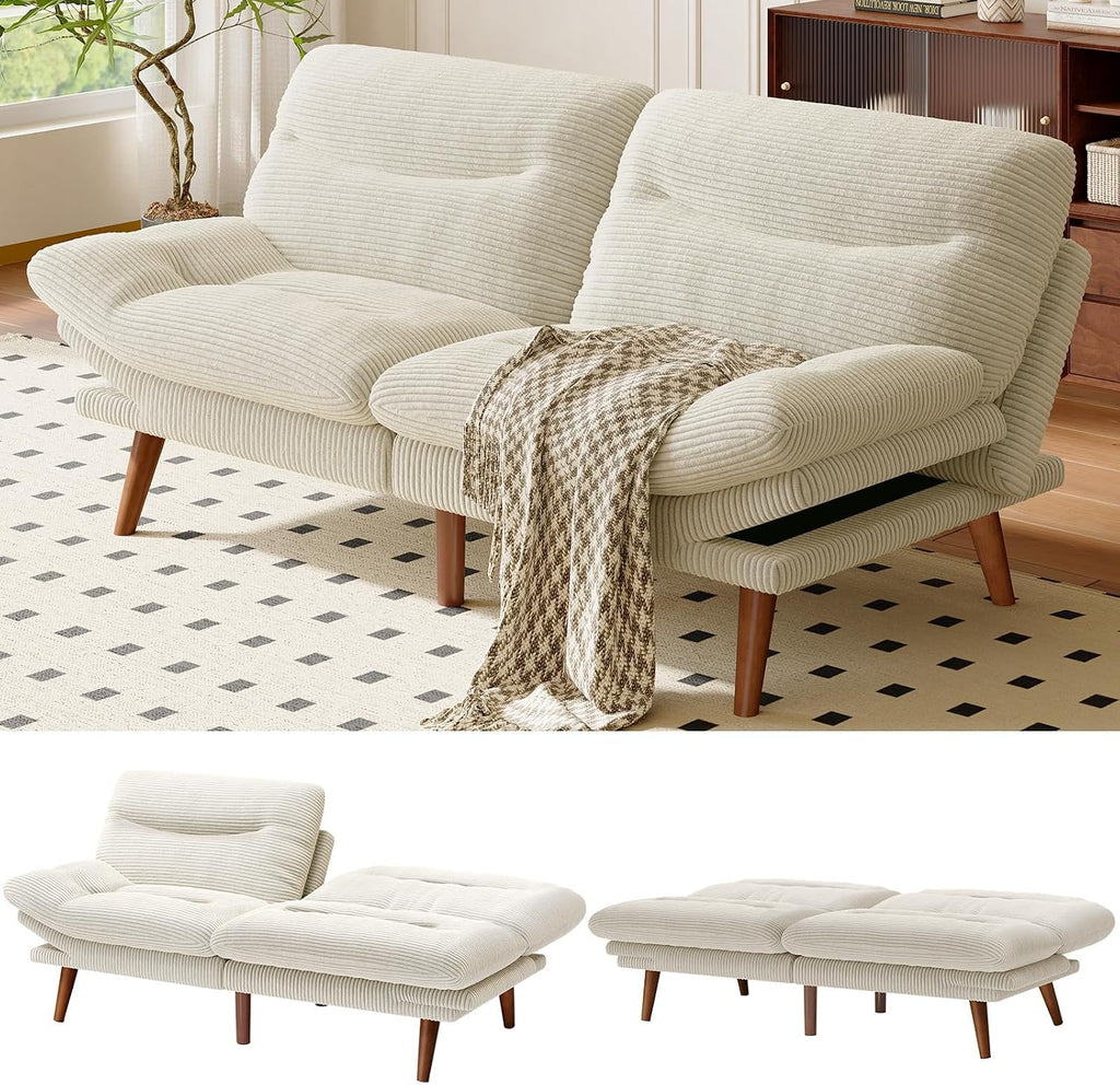 AMADA 66'Convertible Futon Sofa Bed, Corduroy Folding Futon Set with Adjustable Backrest &Armrests, Recliner Lounge for Living Room, Apartment or Office, Solid Wood Frame, Loveseat Sofa - Beige White