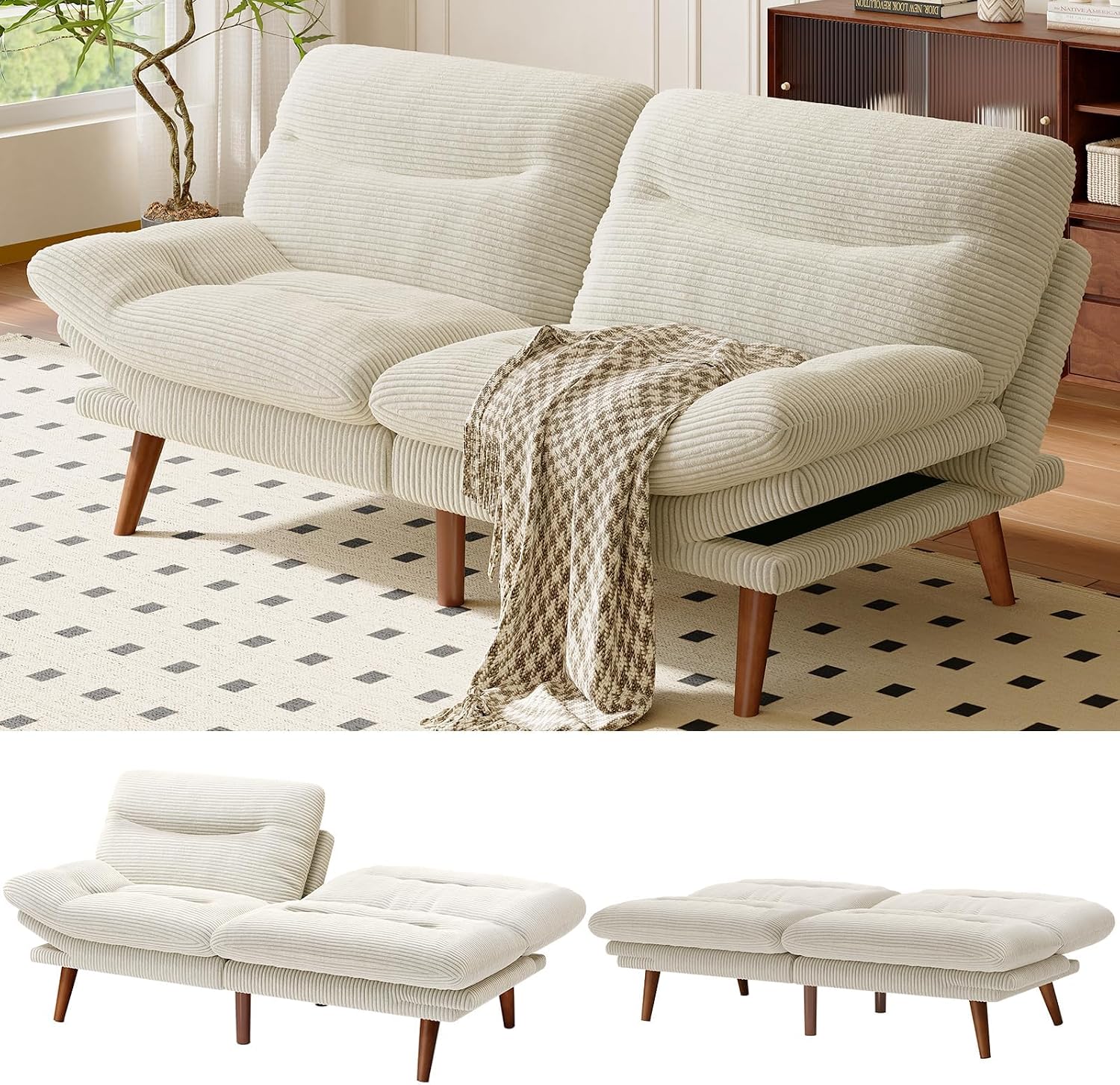 AMADA 66'Convertible Futon Sofa Bed, Corduroy Folding Futon Set with Adjustable Backrest &Armrests, Recliner Lounge for Living Room, Apartment or Office, Solid Wood Frame, Loveseat Sofa - Beige White