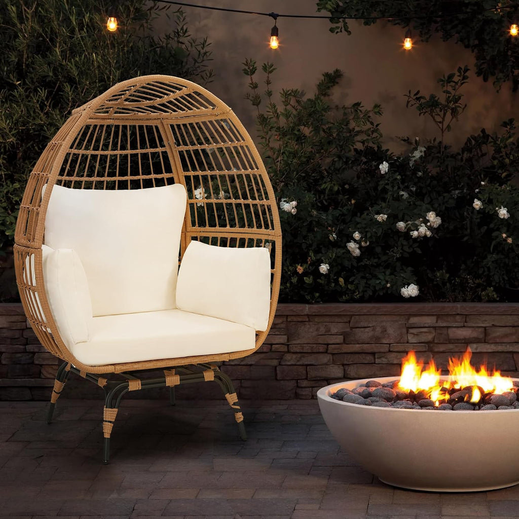 Murago Oversized 360° Swivel Rattan Egg Chair for Adult, Indoor Outdoor Patio Large Wicker Egg Chair with Overstuffed Cushions, 440lb Weight Capacity, Natural Rattan with Beige Cushion