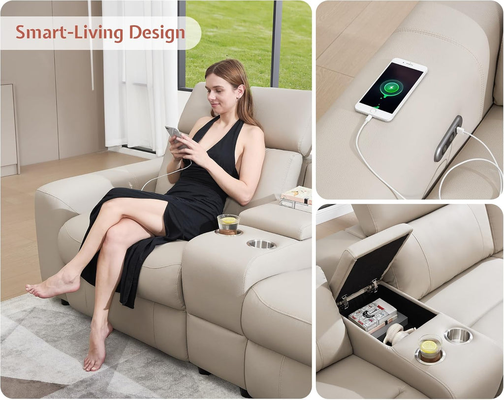 AMERLIFE Power Recliner Sectional Sofa with Storage/USB Port, Leather Recliner Sofa with Adjustable Headrest, Reclining Sectional Couches with Console and Cup Holder for Living Room (Beige Brown)