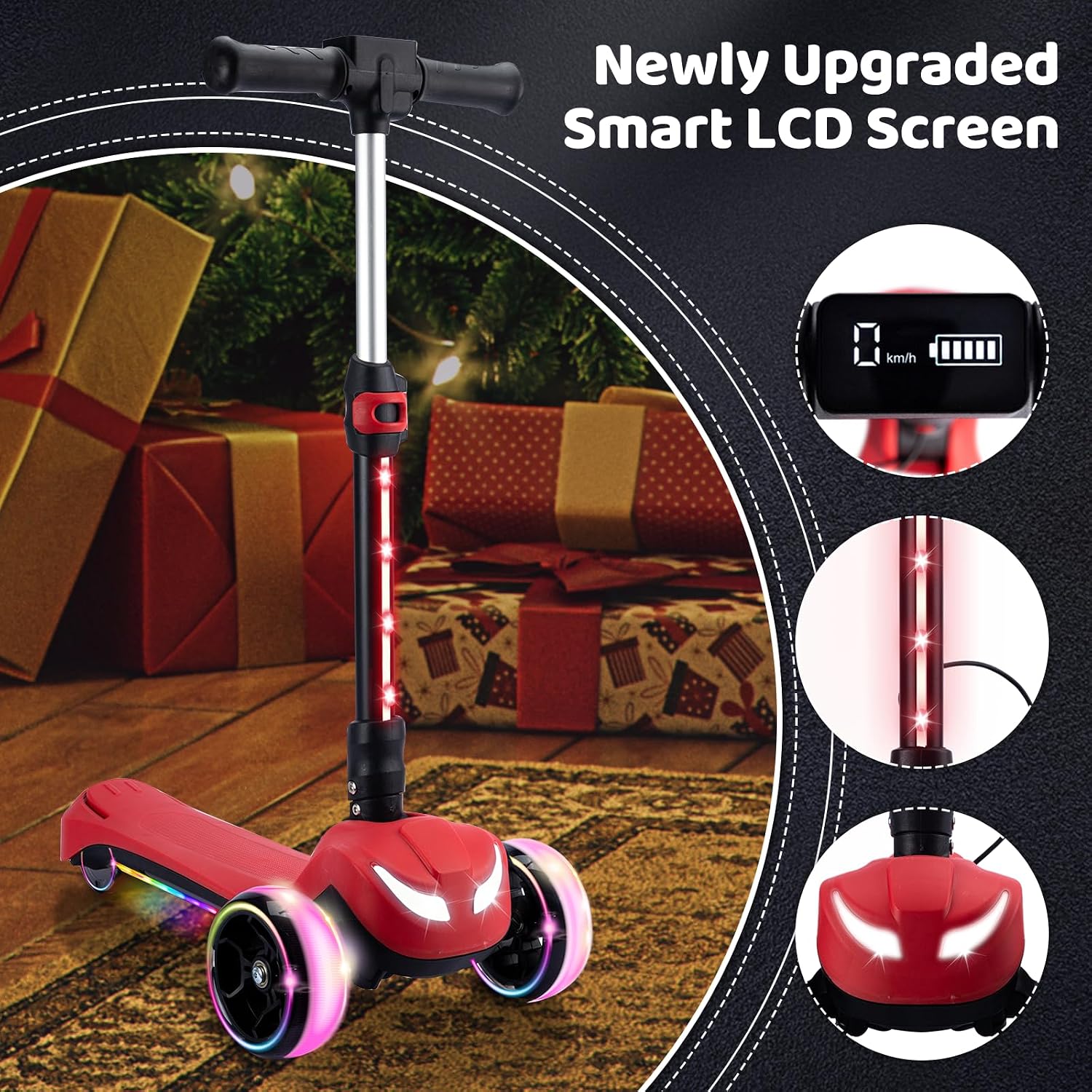 24V Electric Scooter for Kids w/150W Powerful Motor, Thumb Throttle, LCD Screen, Bluetooth, Light-Up Stem Deck & Wheels, 3 Adjustable Heights, 5MPH Safe Speed, 3 Wheel Electric Scooter for Kids