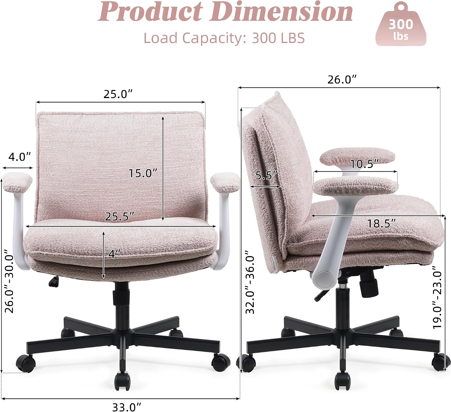 Kassipo Criss Cross Legged Office Chair with Wheels and Flip-Up Arms, Upholstered Criss Cross Desk Chair, Wide Seat Chairs for Home Office, Vanity, Apartment, Pink