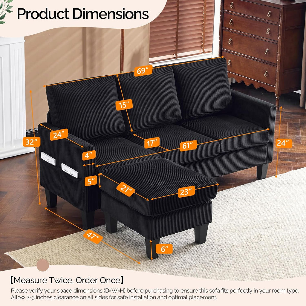 VINGLI 68.5' L Shaped Couch with Movable Storage Ottoman, Convertible Sectional Sofa in Soft Corduroy Fabric, Modern Reversible Chaise Couch for Small Spaces, Apartment, Living Room，Black