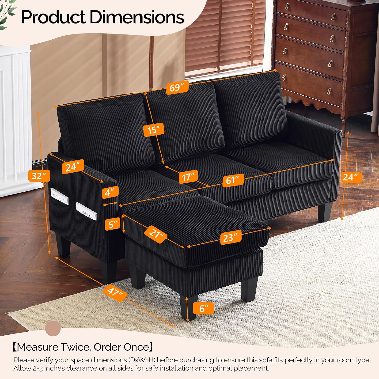 VINGLI 68.5' L Shaped Couch with Movable Storage Ottoman, Convertible Sectional Sofa in Soft Corduroy Fabric, Modern Reversible Chaise Couch for Small Spaces, Apartment, Living Room，Black