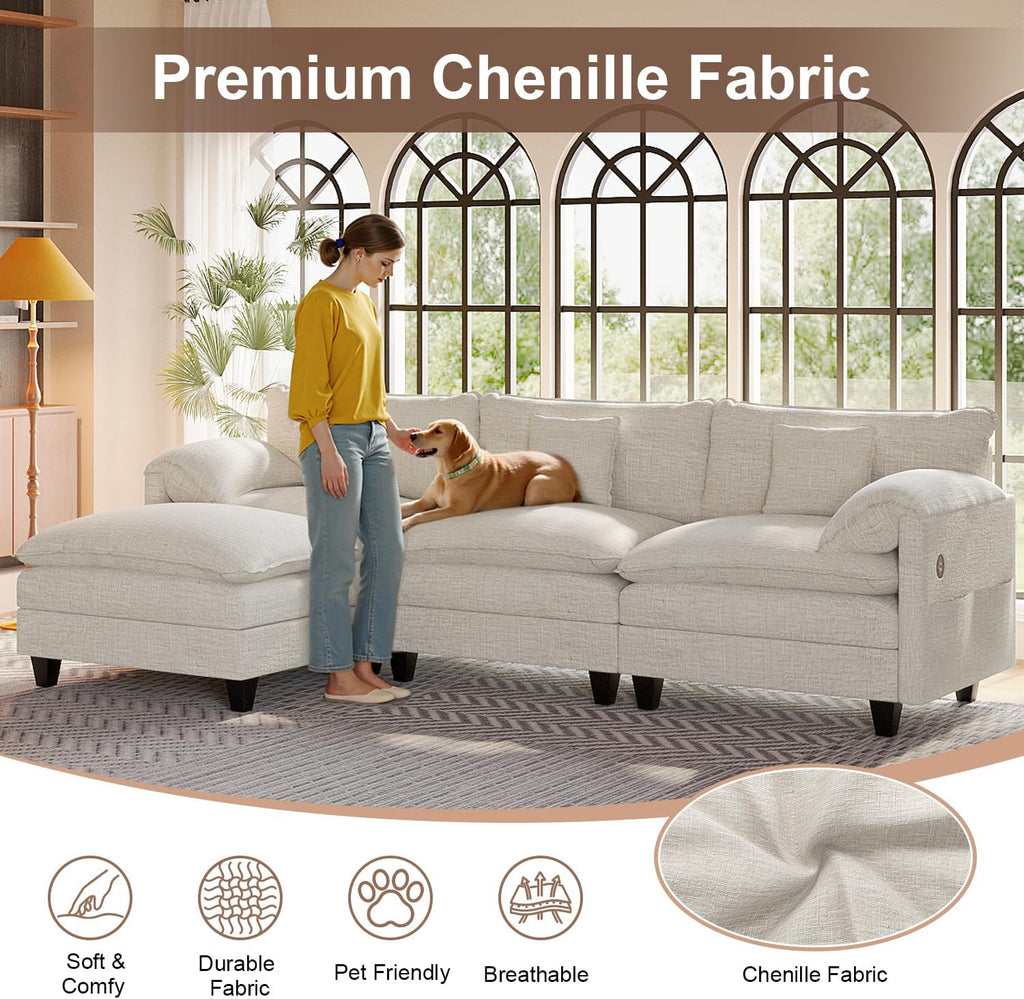 KCGKCG Modular Sectional Sofa, 108' Comfy Cloud Couch with Movable Ottoman | Charging Station | Side Pocket | Throw Pillow, Modern L-Shaped Couches for Living Room, Chenille, White