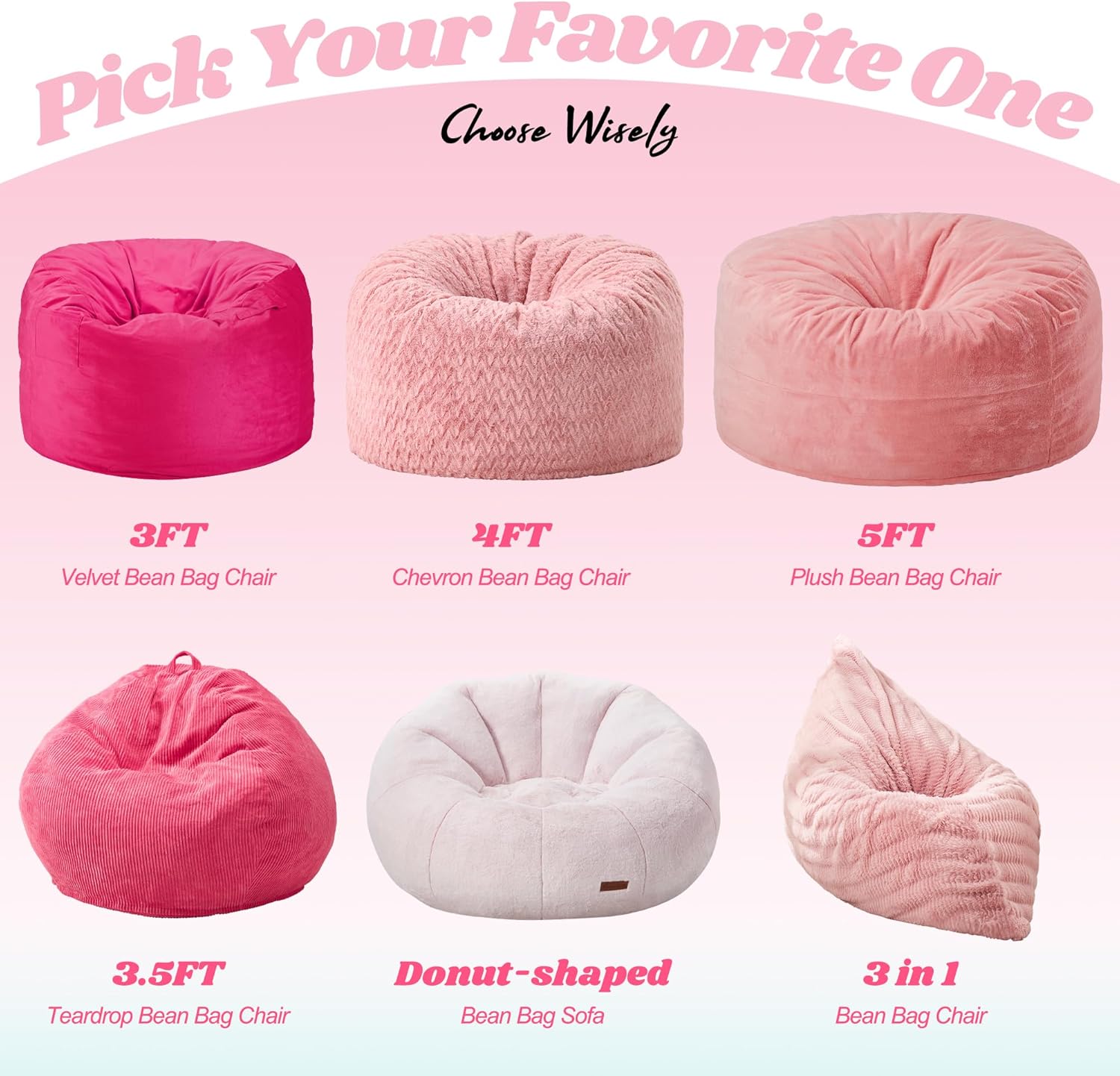 Hobestluk 3 in 1 Bean Bag Chair Giant Bean Bag Chairs for Adults with Ripple Cover Convertible Bean Bag Floor Cushion with Machine Washable Cover for Living Room (Ripple Pink)