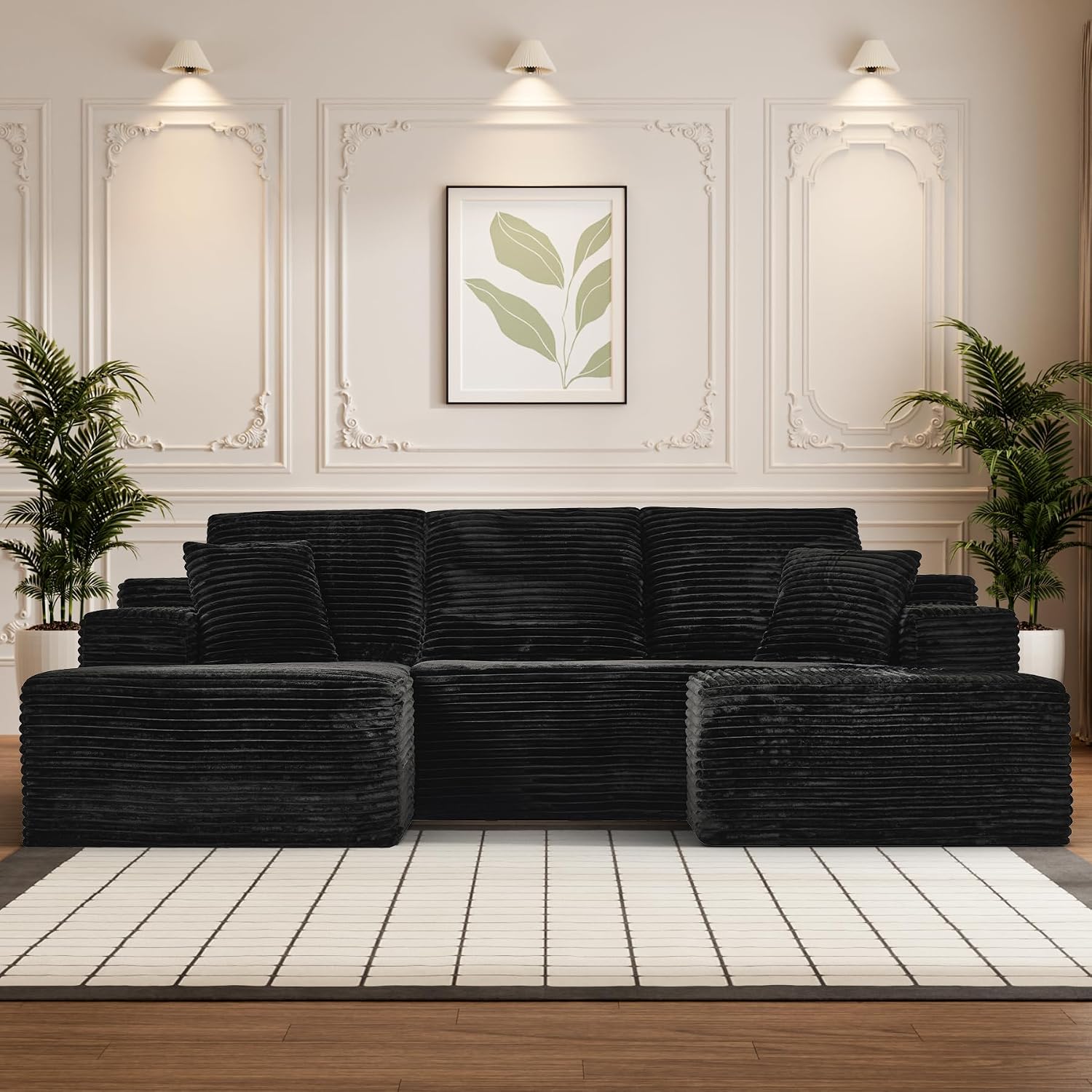 108' Boneless Couches for Living Room, U Shaped Comfy Cloud Modular Sectional Memory Foam Deep Seat Boneless Couch, No Assembly Required Sofa for Living Room with Left Facing Chaise & Ottoman, Black