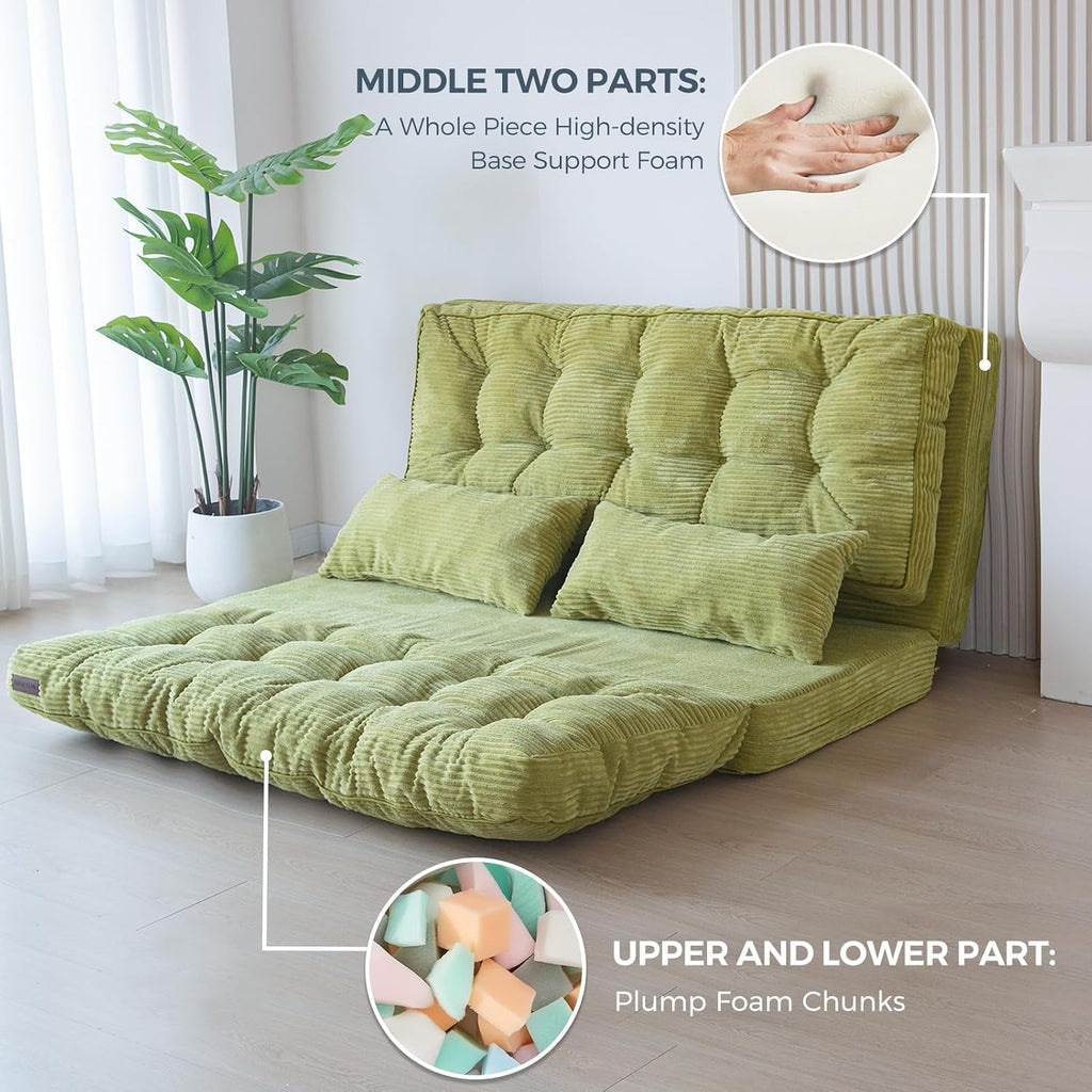 MAXYOYO Folding Sofa Bed, Tufted Bean Bag Bed with Pillows Floor Mattress for Adults, Extra Thick and Long Floor Sofa, Full Floor Couch Bed for Bedroom Living Room, Green, 54x91 Inch