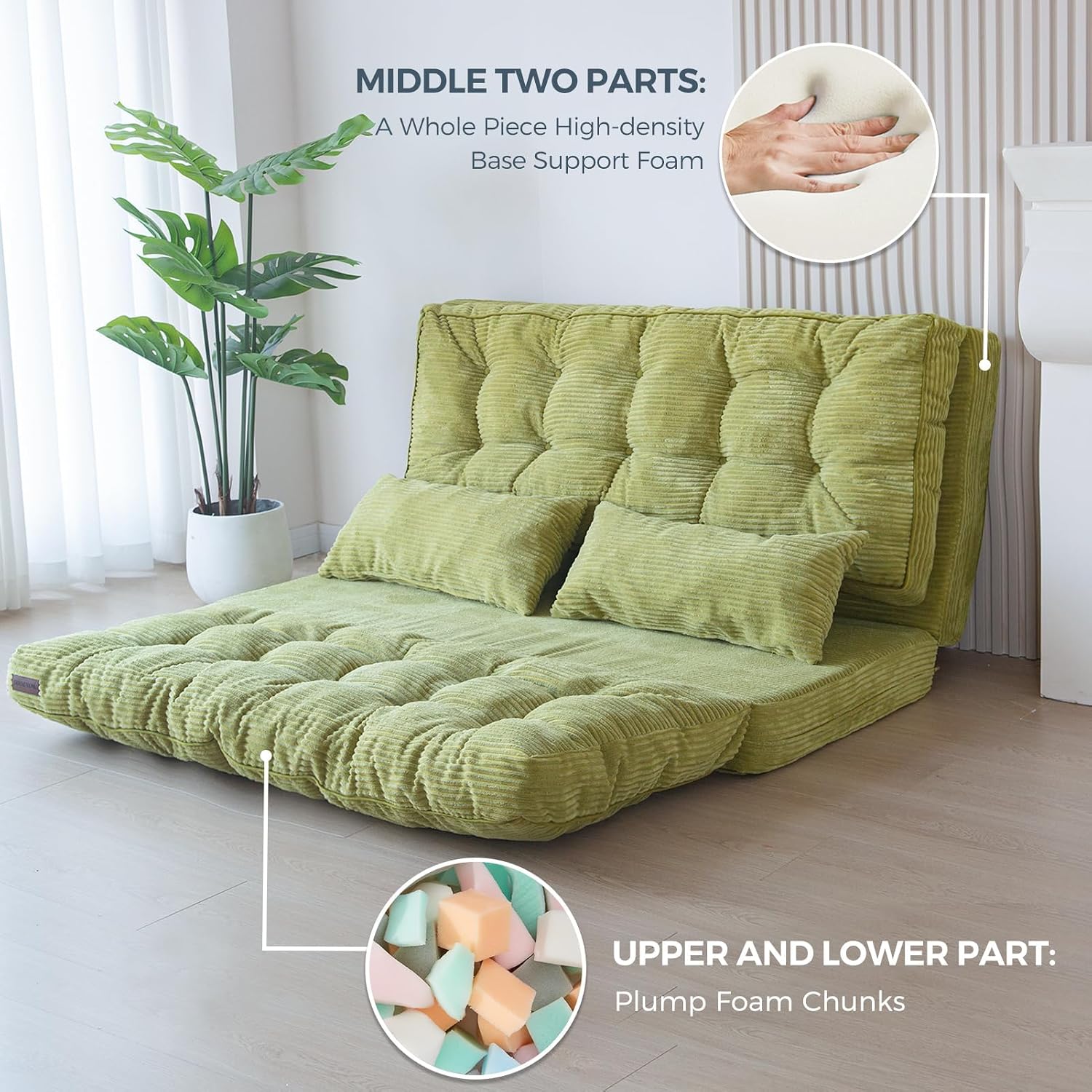 MAXYOYO Folding Sofa Bed, Tufted Bean Bag Bed with Pillows Floor Mattress for Adults, Extra Thick and Long Floor Sofa, Full Floor Couch Bed for Bedroom Living Room, Green, 54x91 Inch