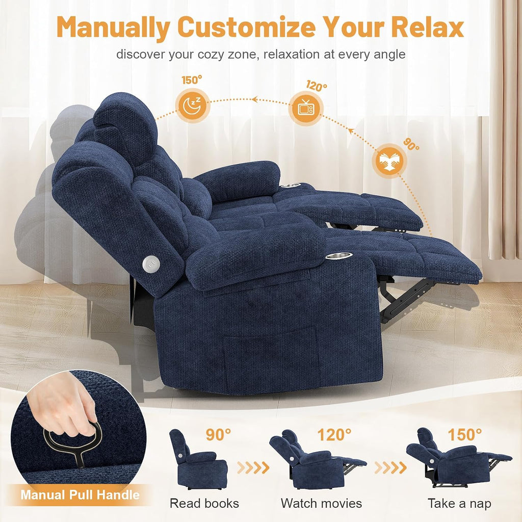 Dresegmt Loveseat Recliner Sofa, Flip Middle Backrest Design 3 Seat Reclining Sofa with Storage Drawer, USB Ports & Cup Holders, Manual Couch for Living Room/RV (Blue)