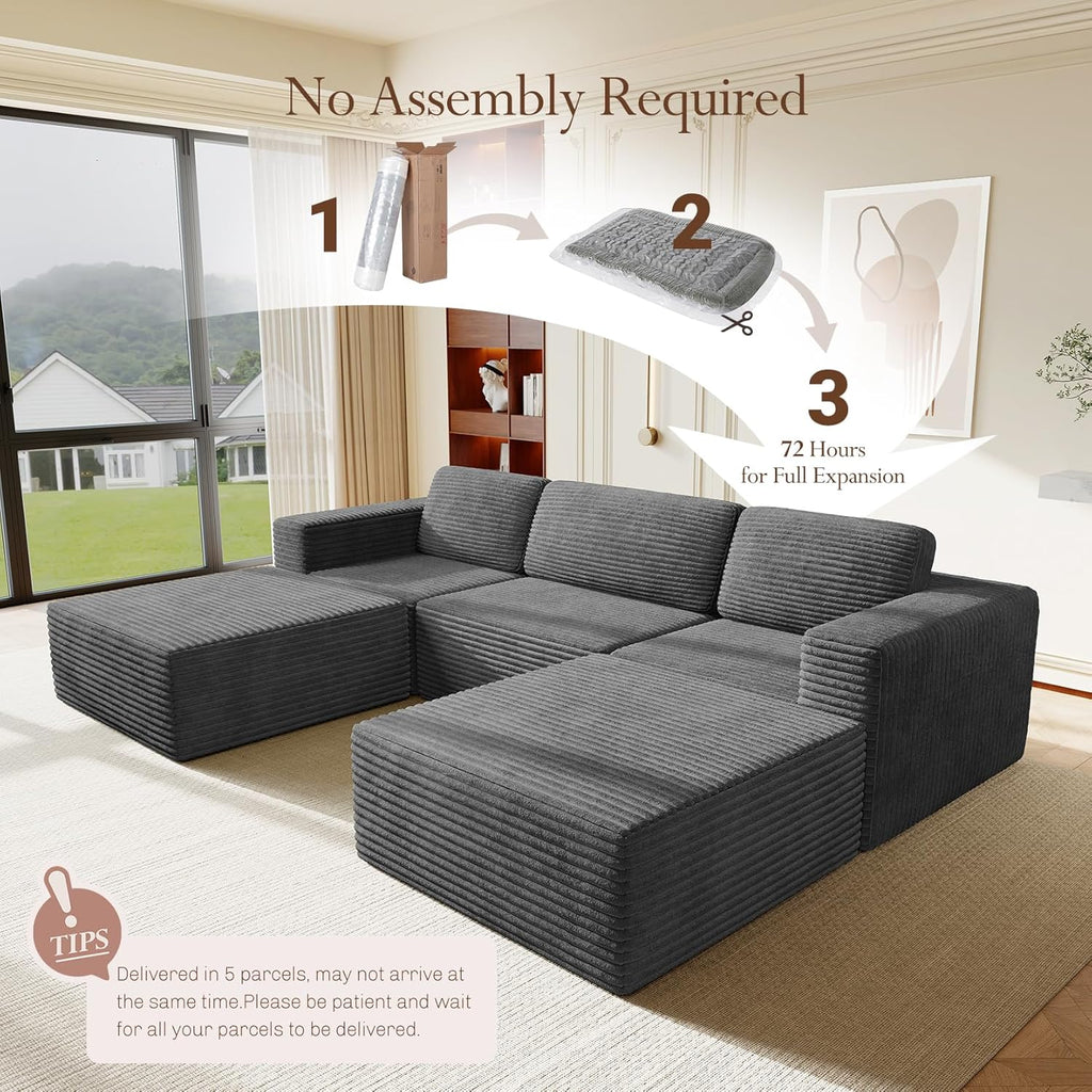 Vesgantti 119' Oversized U-Shaped Modular Sectional Sofa, Corduroy Cloud Couch with Deep Seating & Spring Support, Convertible Sofa with 2 Ottomans, Boneless Couch, No Assembly Required, Grey