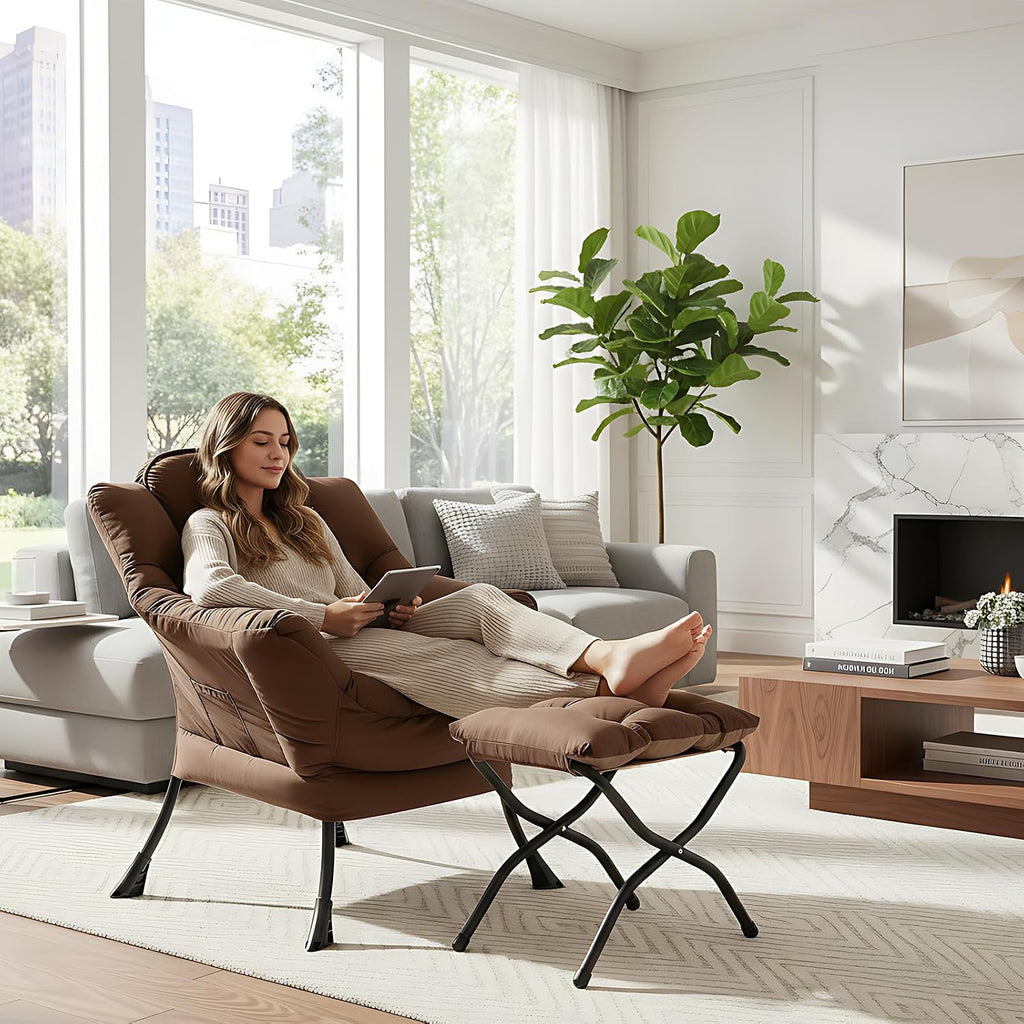 MBOOYOME Lazy Chair with Folding Ottoman, Modern Accent Armchair with Armrests and a Side Pocket & Foldable Footstool, Reading Chair for Living Room, Bedroom, Dorm & Office, Dark Brown