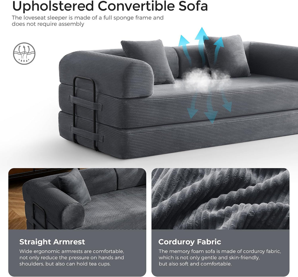 79' Convertible Sofa Bed with Fixed-Shape Frame & Removable Armrests, Modular Corduroy Sleeper Sofa, Folding Mattress Couch for Small Spaces - No Assembly Needed in Dark Gray (Includes 2 Pillows)