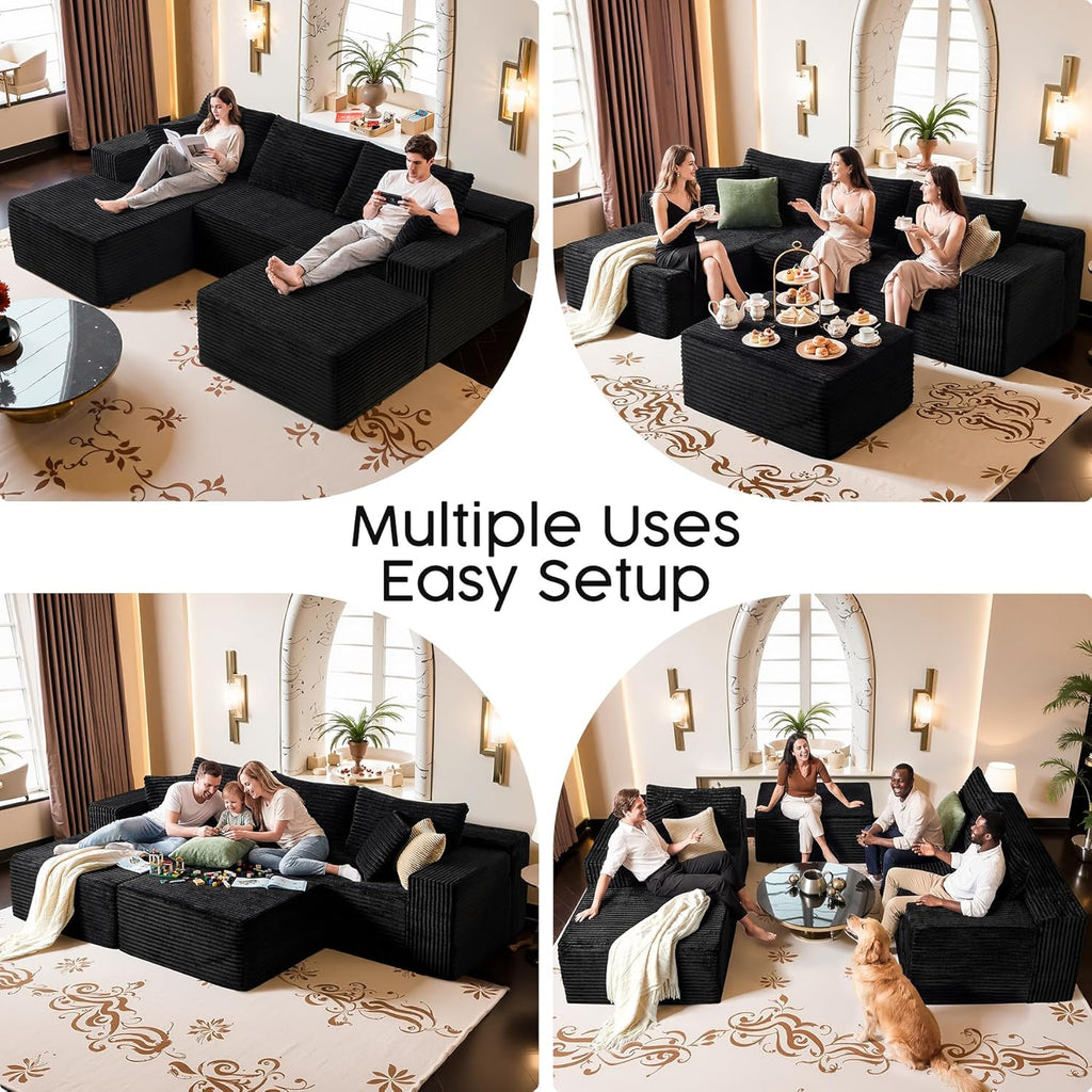 Black Sectional Couch with Ottoman, 108' Cloud Modular Couch for Living Room, Modern U-Shaped Sofa, No Assembly Required - Plush Corduroy Fabric & Deep Seat Comfort (Right Facing Chaise)