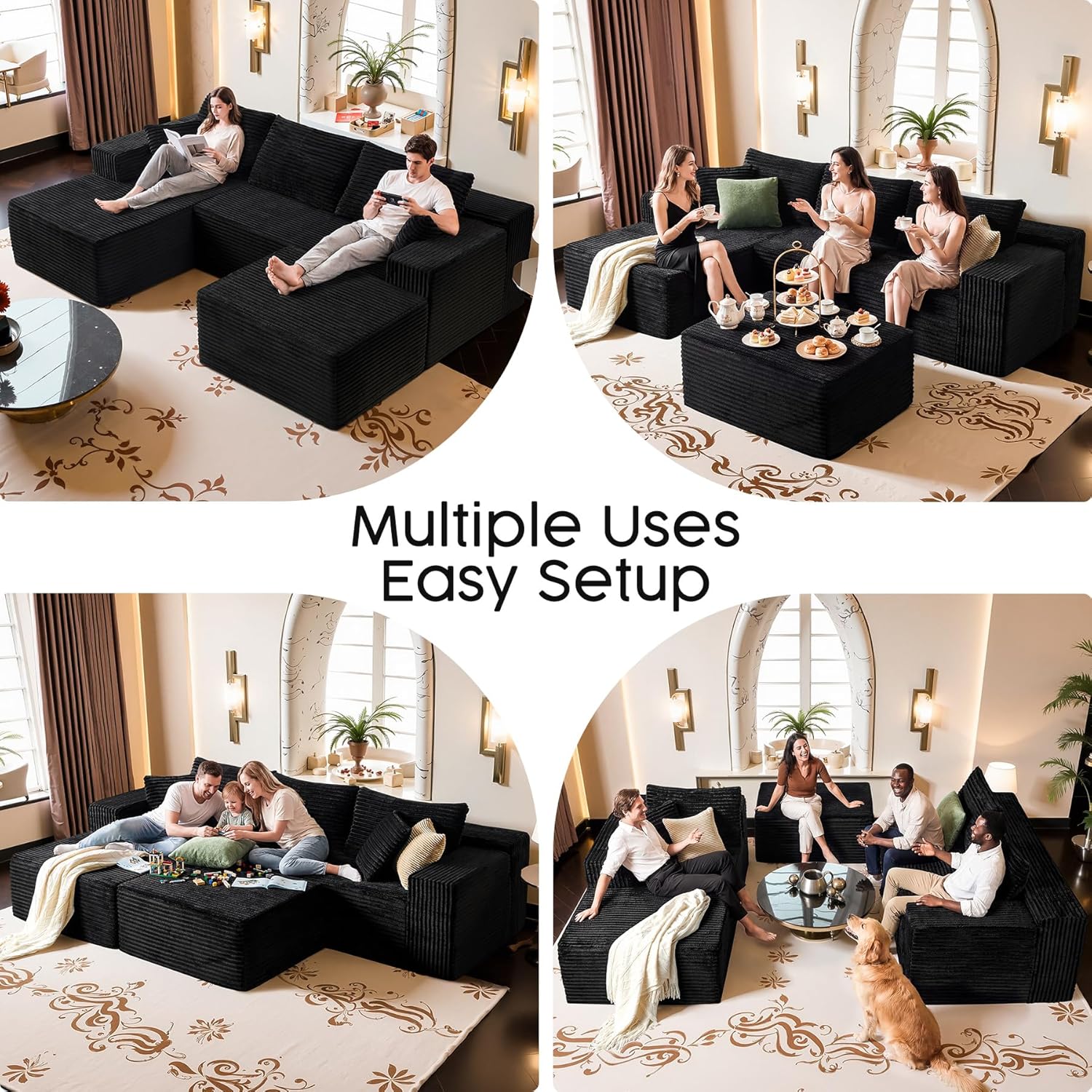 Black Sectional Couch with Ottoman, 108' Cloud Modular Couch for Living Room, Modern U-Shaped Sofa, No Assembly Required - Plush Corduroy Fabric & Deep Seat Comfort (Right Facing Chaise)