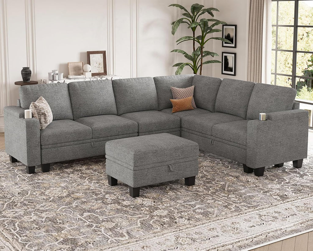 Belffin Chenille Modular Sectional Sofa Convertible L Shaped Corner Couches for Living Room with Storage Armrest with Cup Holder Light Grey Couch