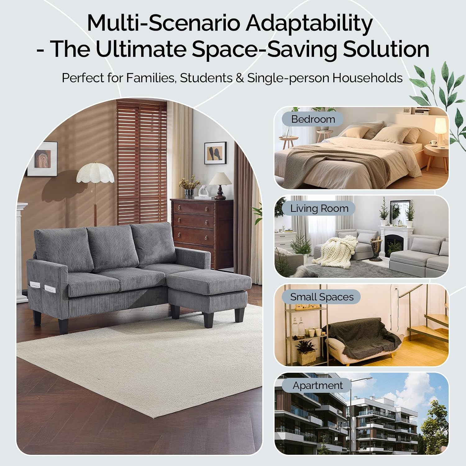VINGLI 68.5' L Shaped Couch with Movable Storage Ottoman, Convertible Sectional Sofa in Soft Corduroy Fabric, Modern Reversible Chaise Couch for Small Spaces, Apartment, Living Room，Grey